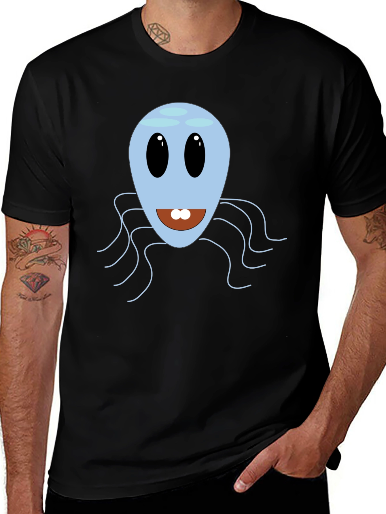 Cute Blue Octopus Graphic Tee - Mens Black T-Shirt