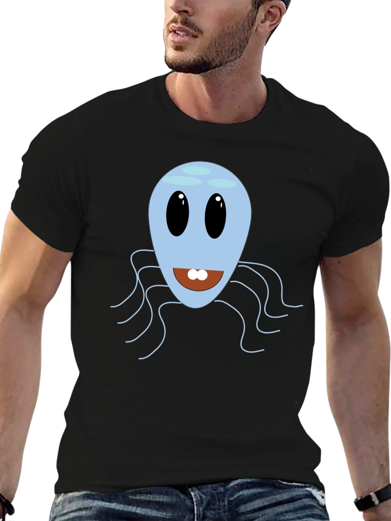 Cute Blue Octopus Graphic Tee - Mens Black T-Shirt