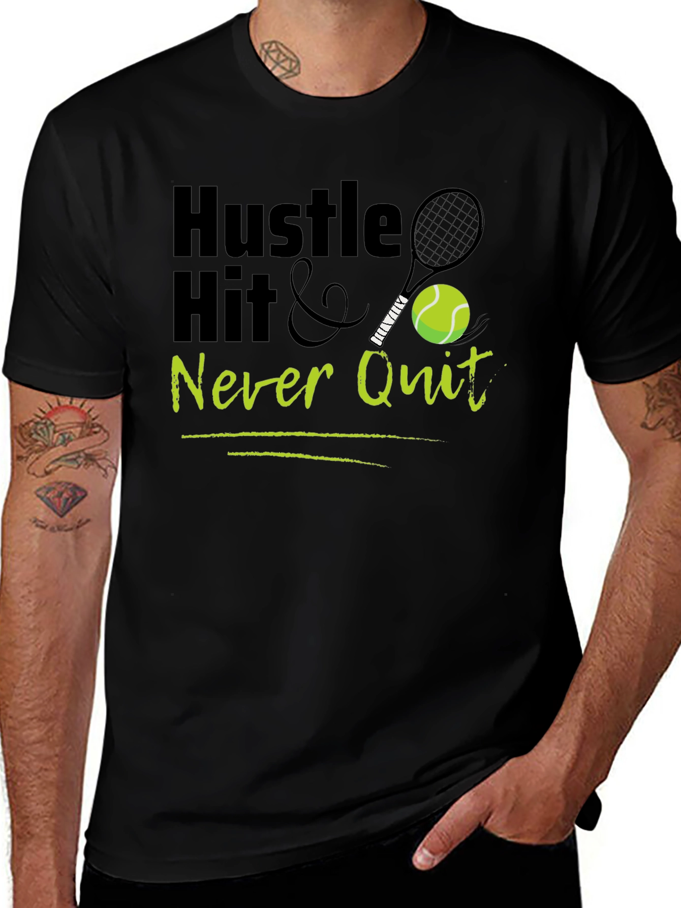Hustle Hit & Never Quit Tennis Graphic T-Shirt