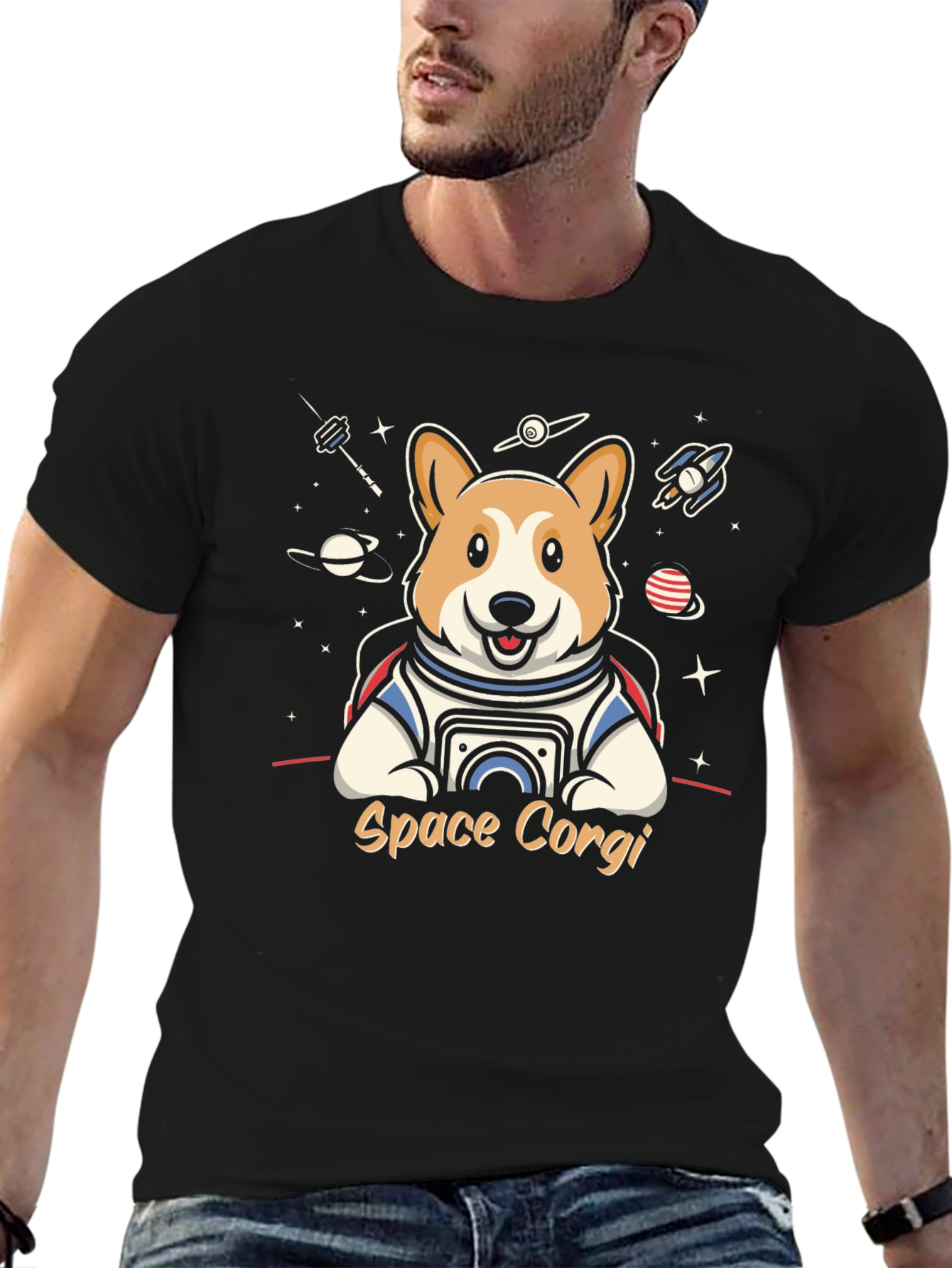 Space Corgi Black T-Shirt