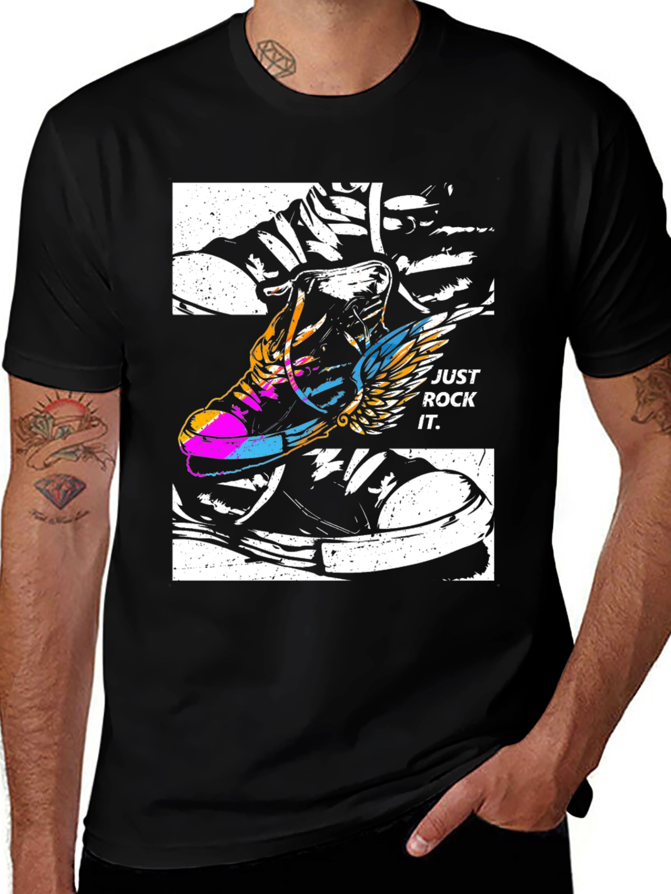 Just Rock It T-Shirt - Flying Sneaker Design