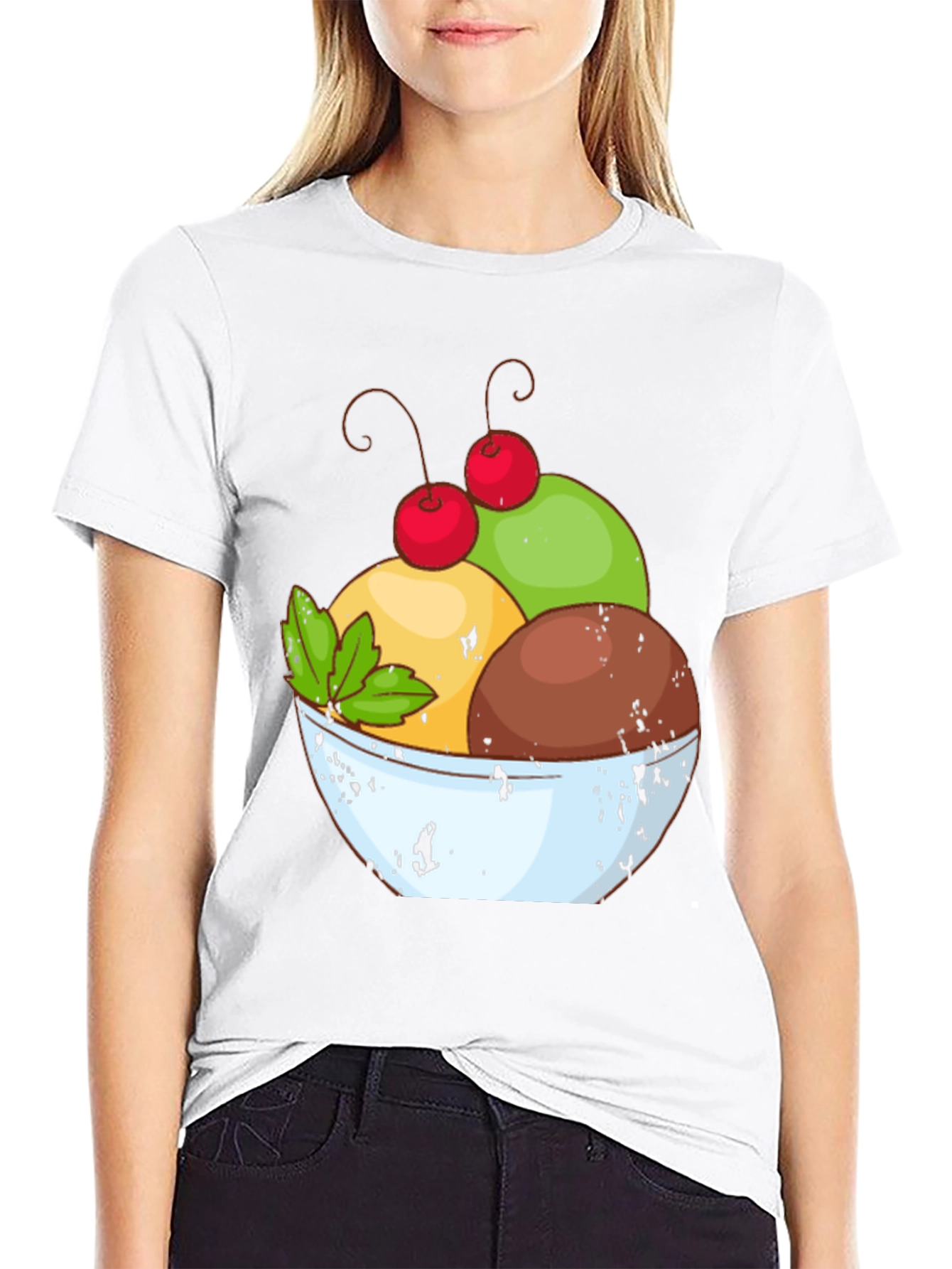 Ice Cream Bowl Graphic Tee - Casual Black T-Shirt
