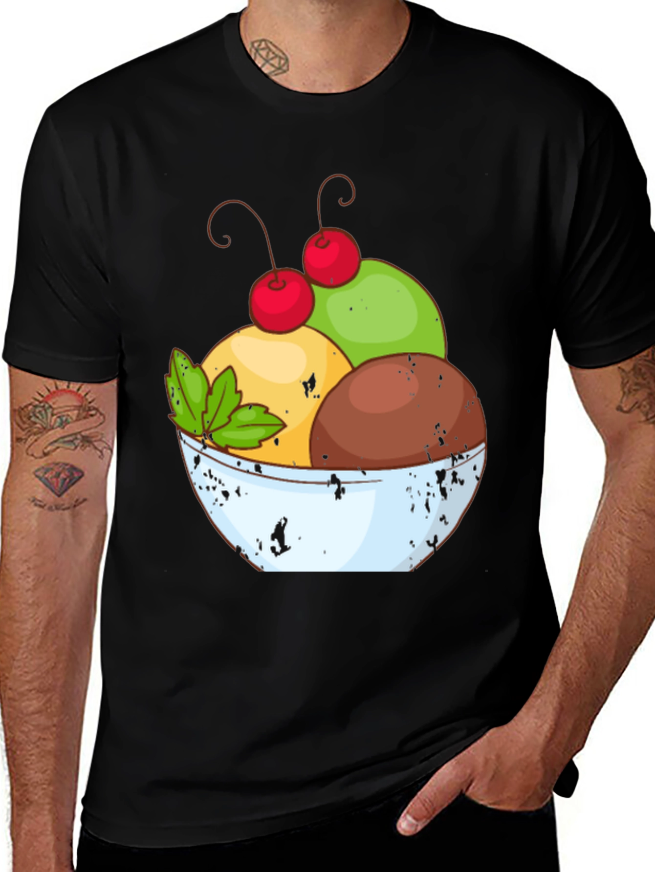 Ice Cream Bowl Graphic Tee - Casual Black T-Shirt