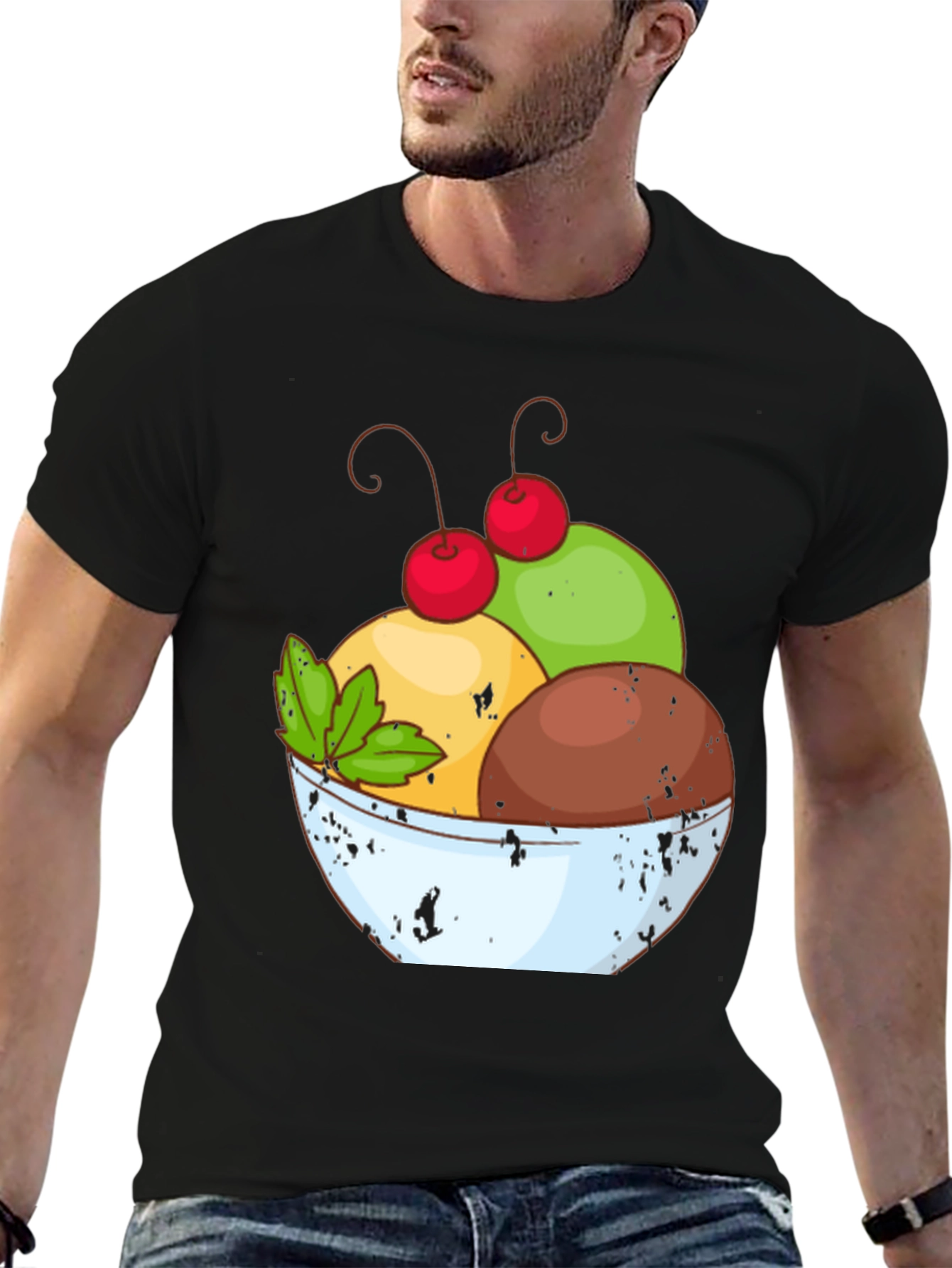 Ice Cream Bowl Graphic Tee - Casual Black T-Shirt