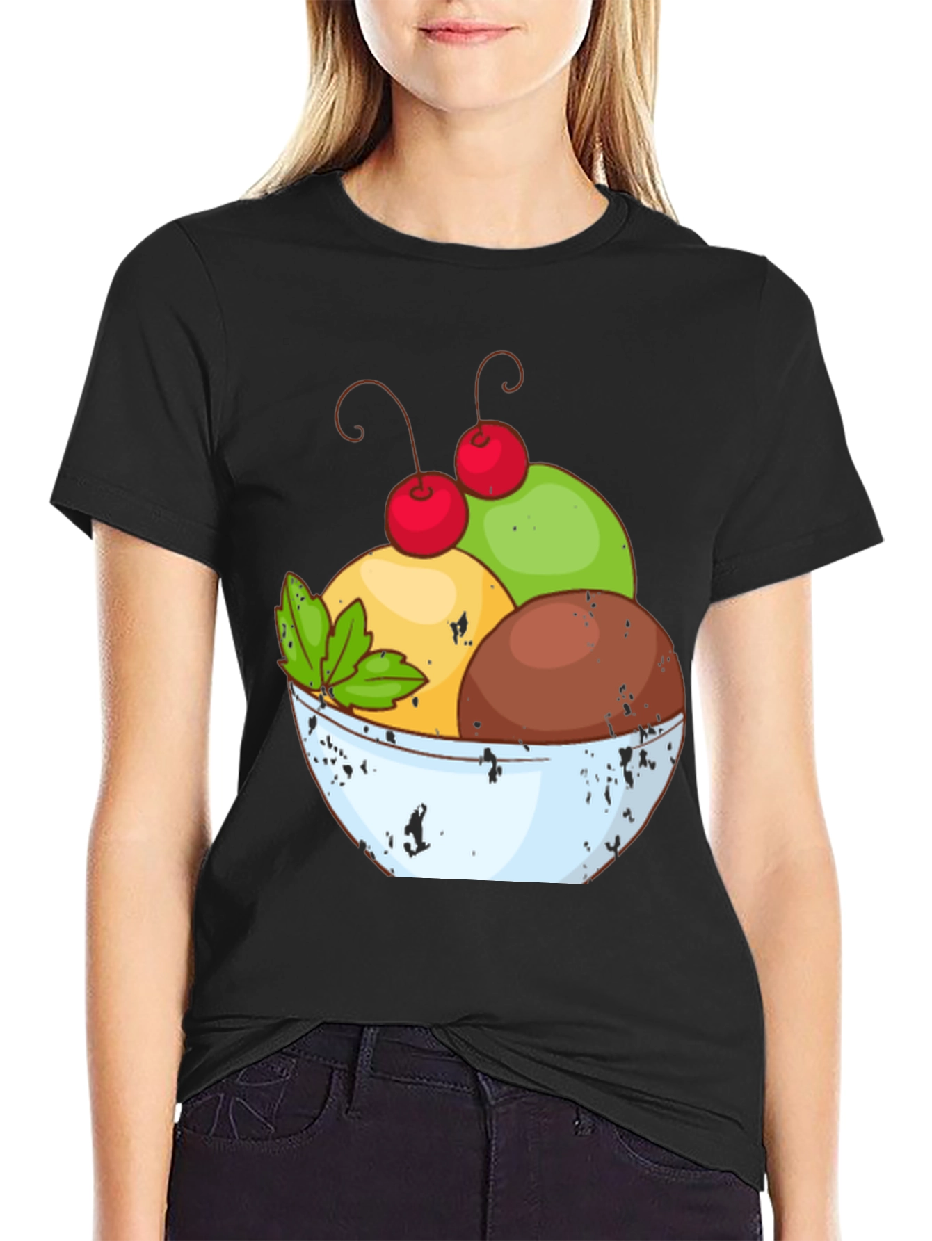 Ice Cream Bowl Graphic Tee - Casual Black T-Shirt