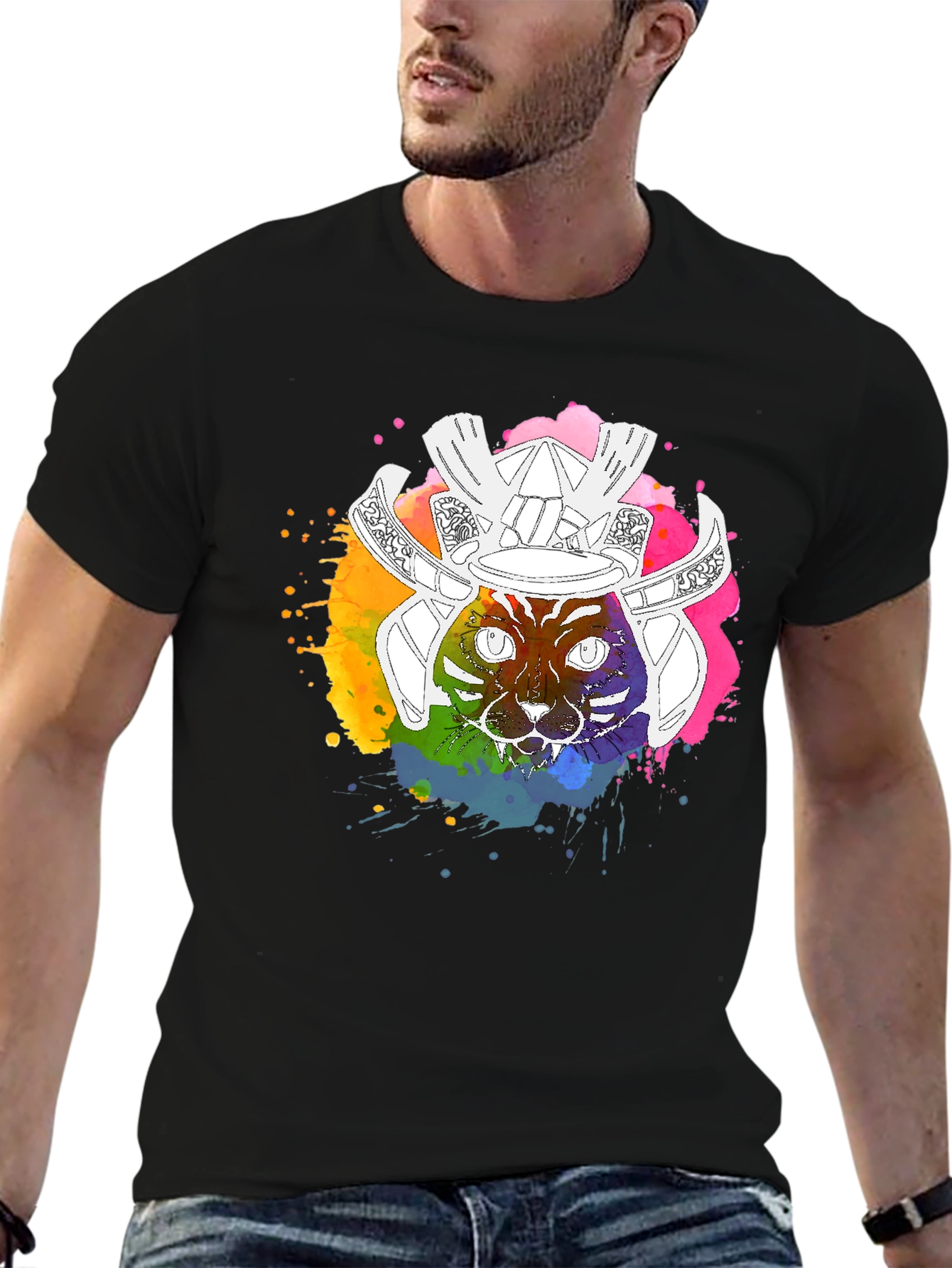 Samurai Cat Graphic T-Shirt - Mens Black Tee