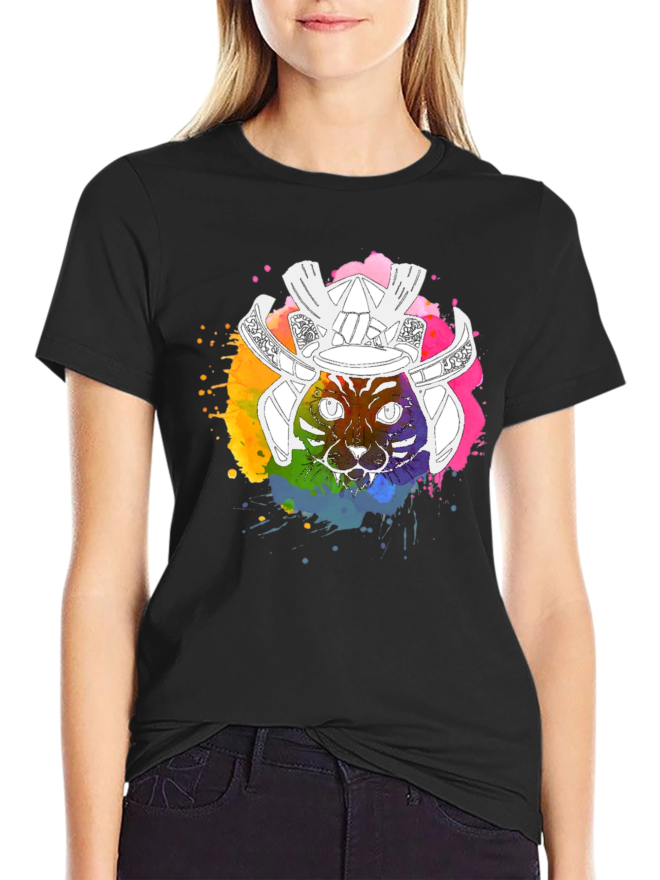 Samurai Cat Graphic T-Shirt - Mens Black Tee