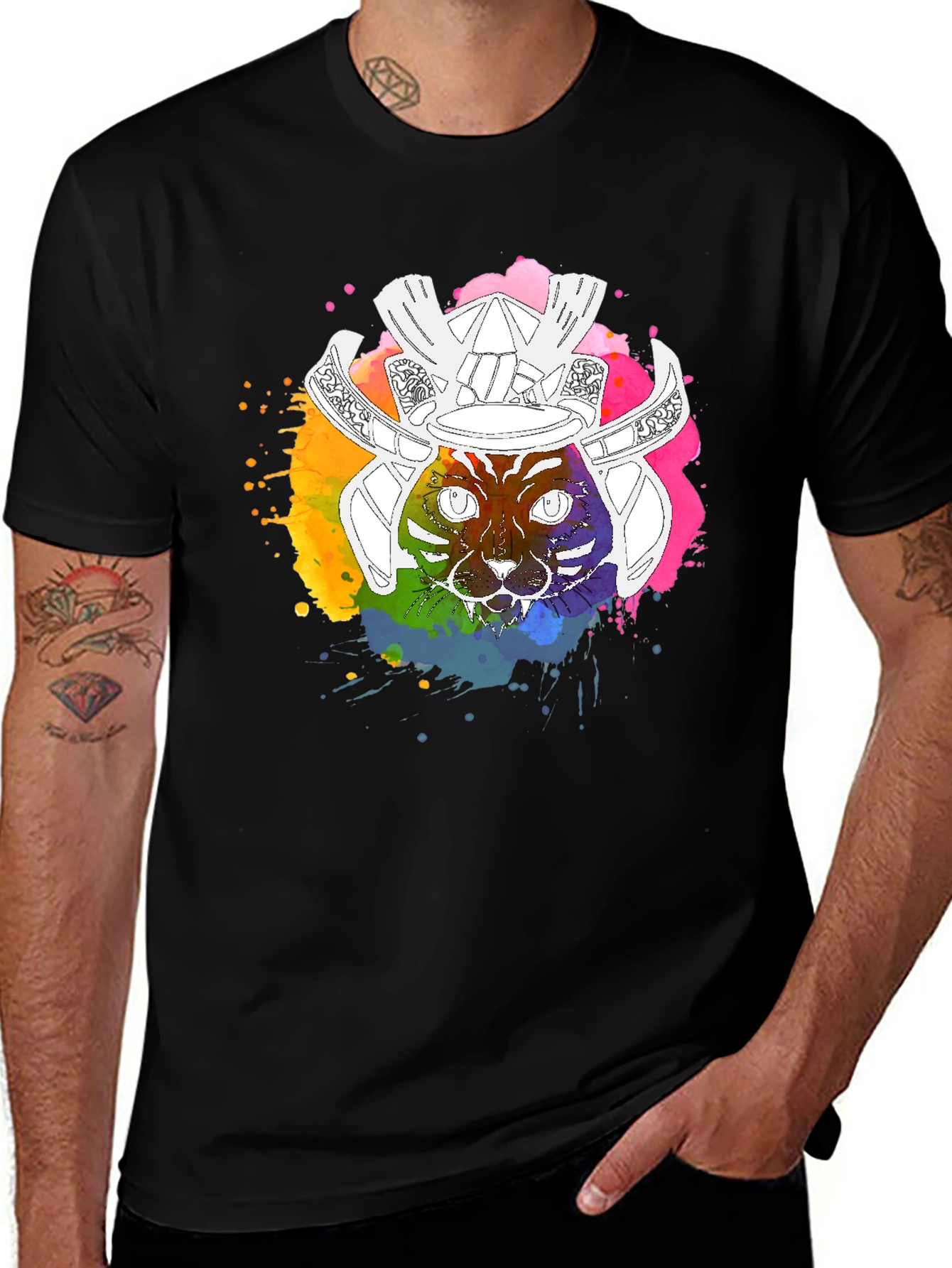 Samurai Cat Graphic T-Shirt - Mens Black Tee