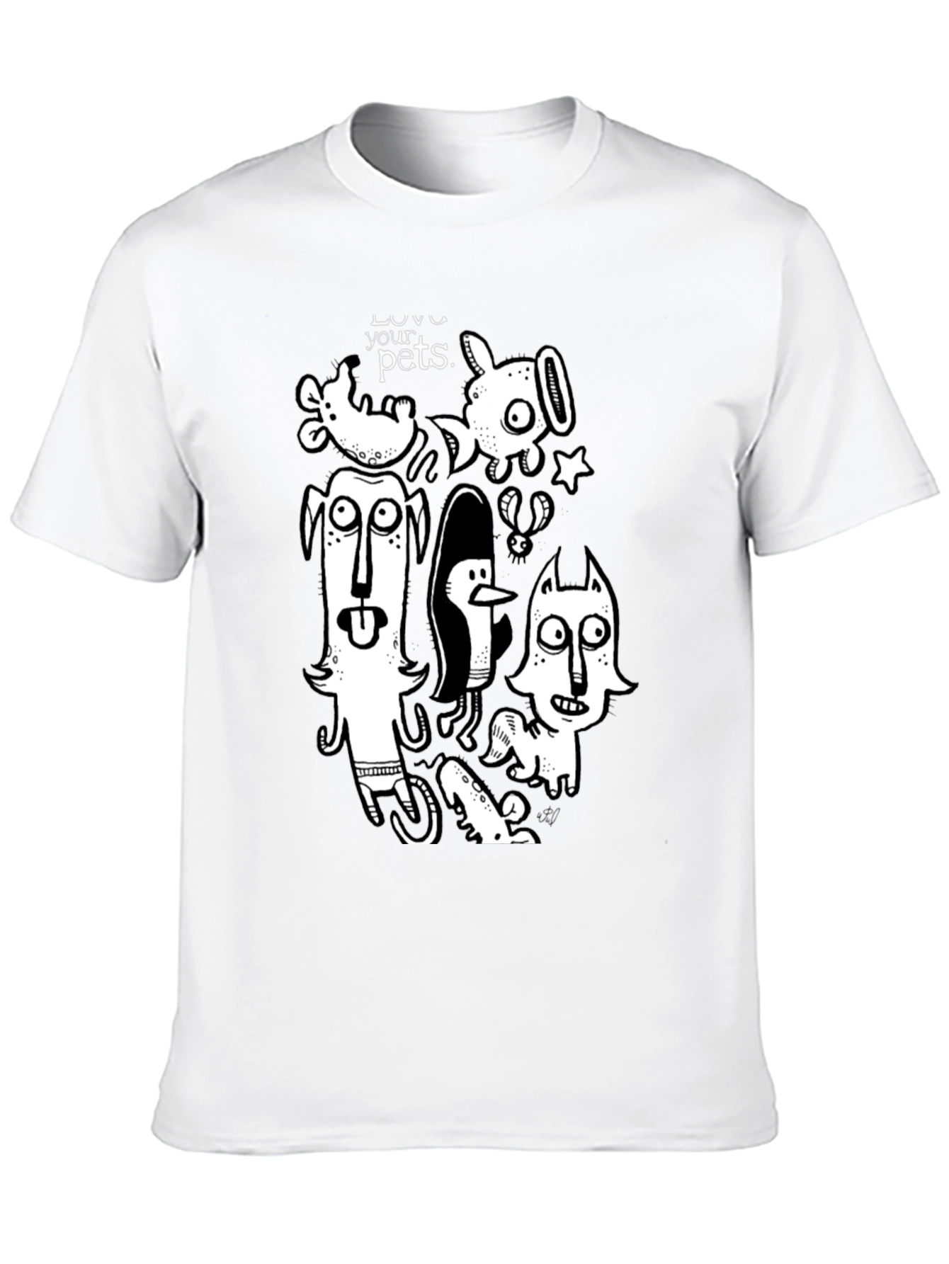 Whimsical Pets Graphic Tee - Black Cotton Casual T-Shirt