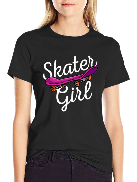 Skater Girl Graphic Tee - Black Cotton Casual T-Shirt