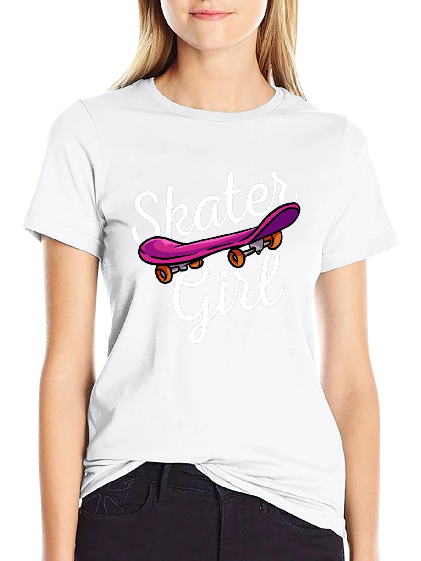 Skater Girl Graphic Tee - Black Cotton Casual T-Shirt
