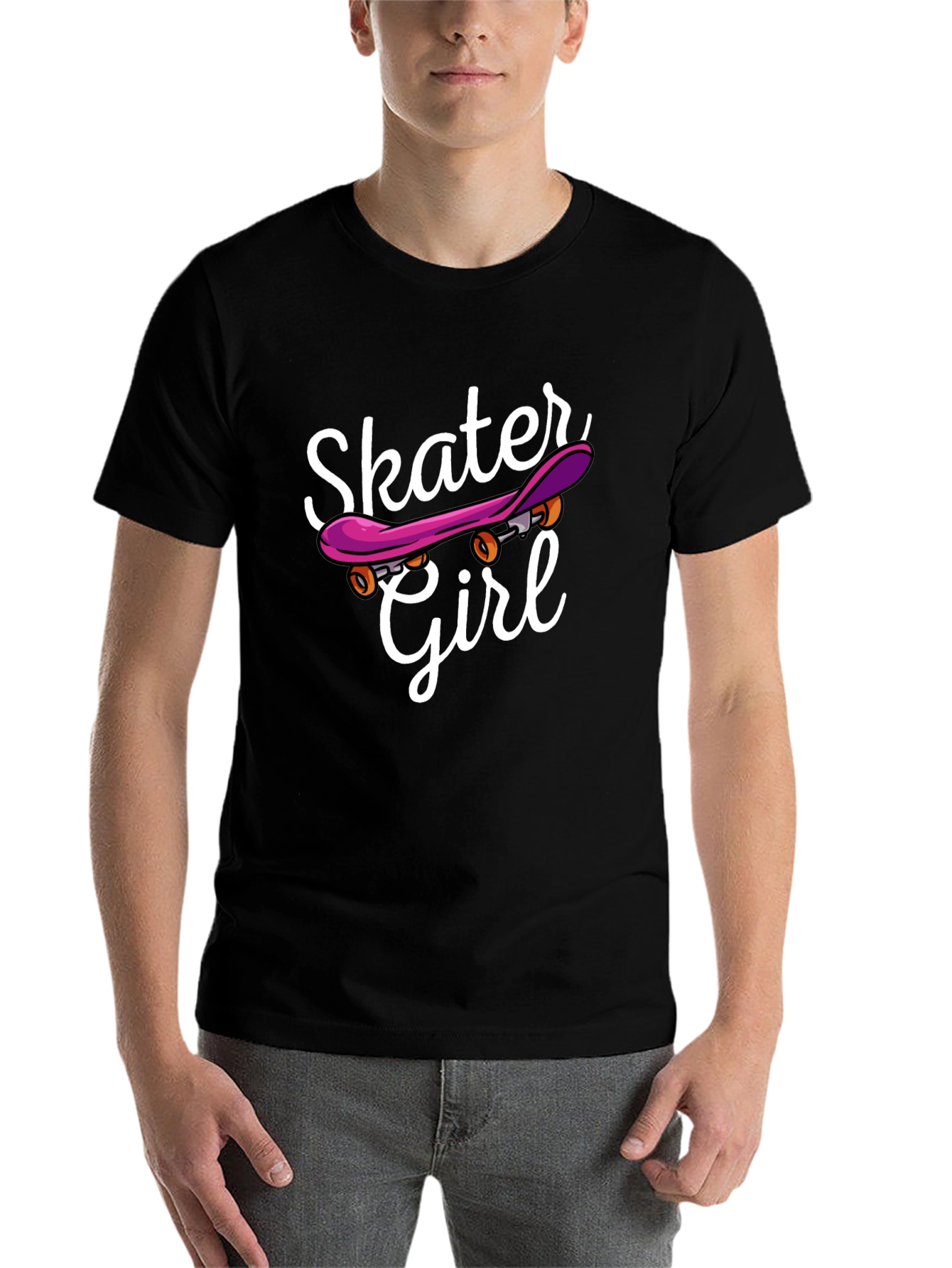 Skater Girl Graphic Tee - Black Cotton Casual T-Shirt