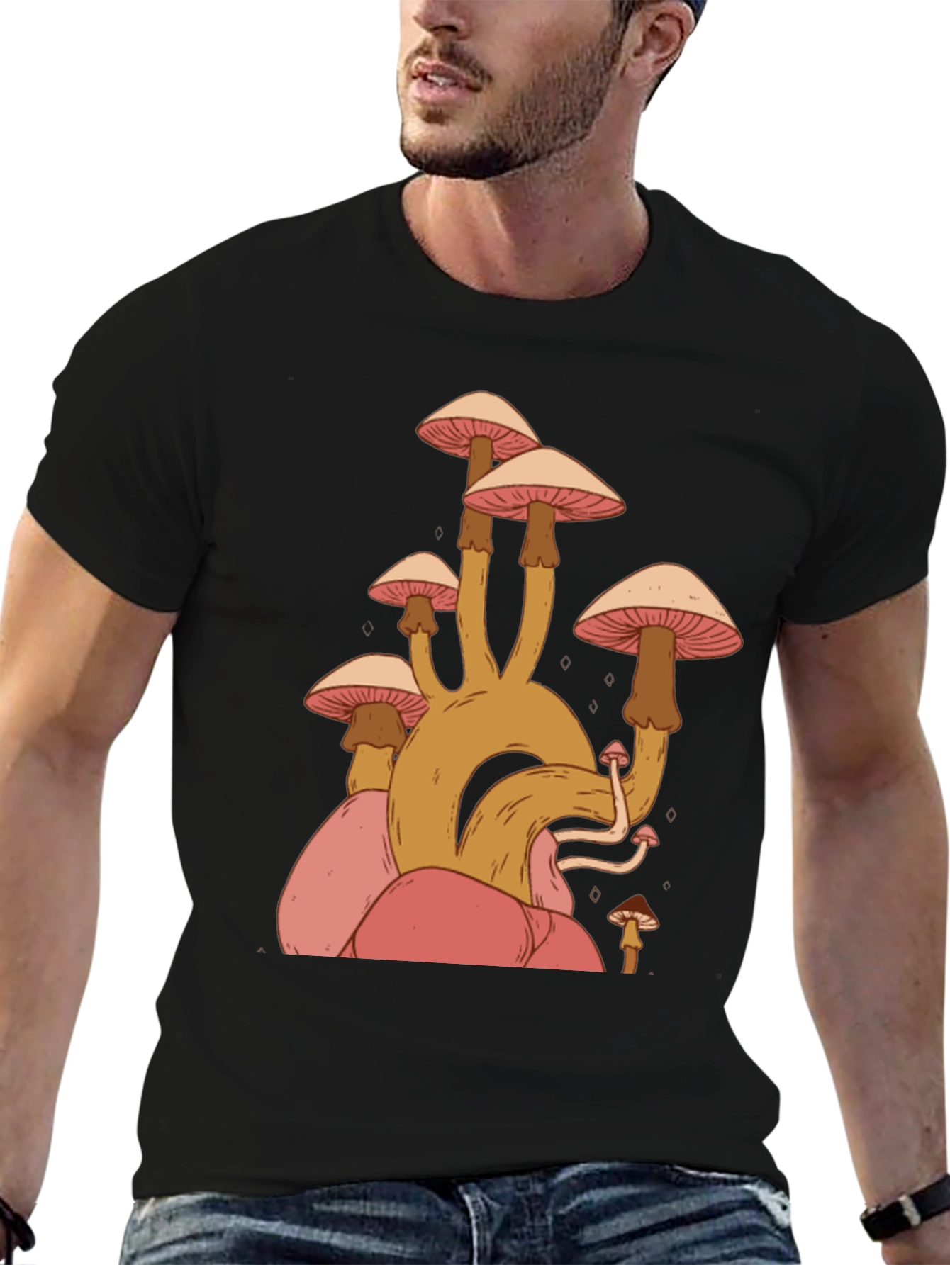 Mushroom Graphic Tee - Black Cotton Casual Shirt