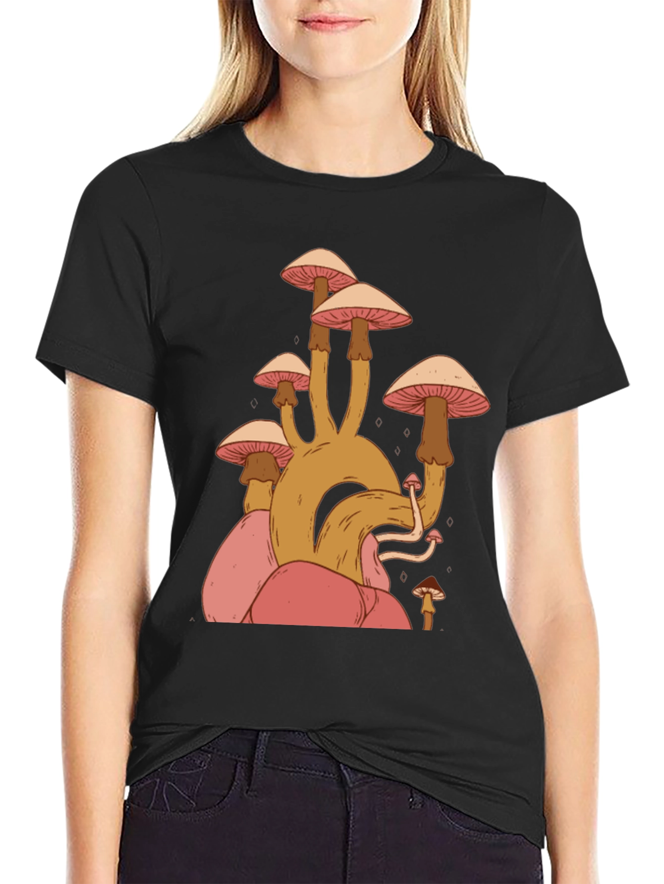 Mushroom Graphic Tee - Black Cotton Casual Shirt