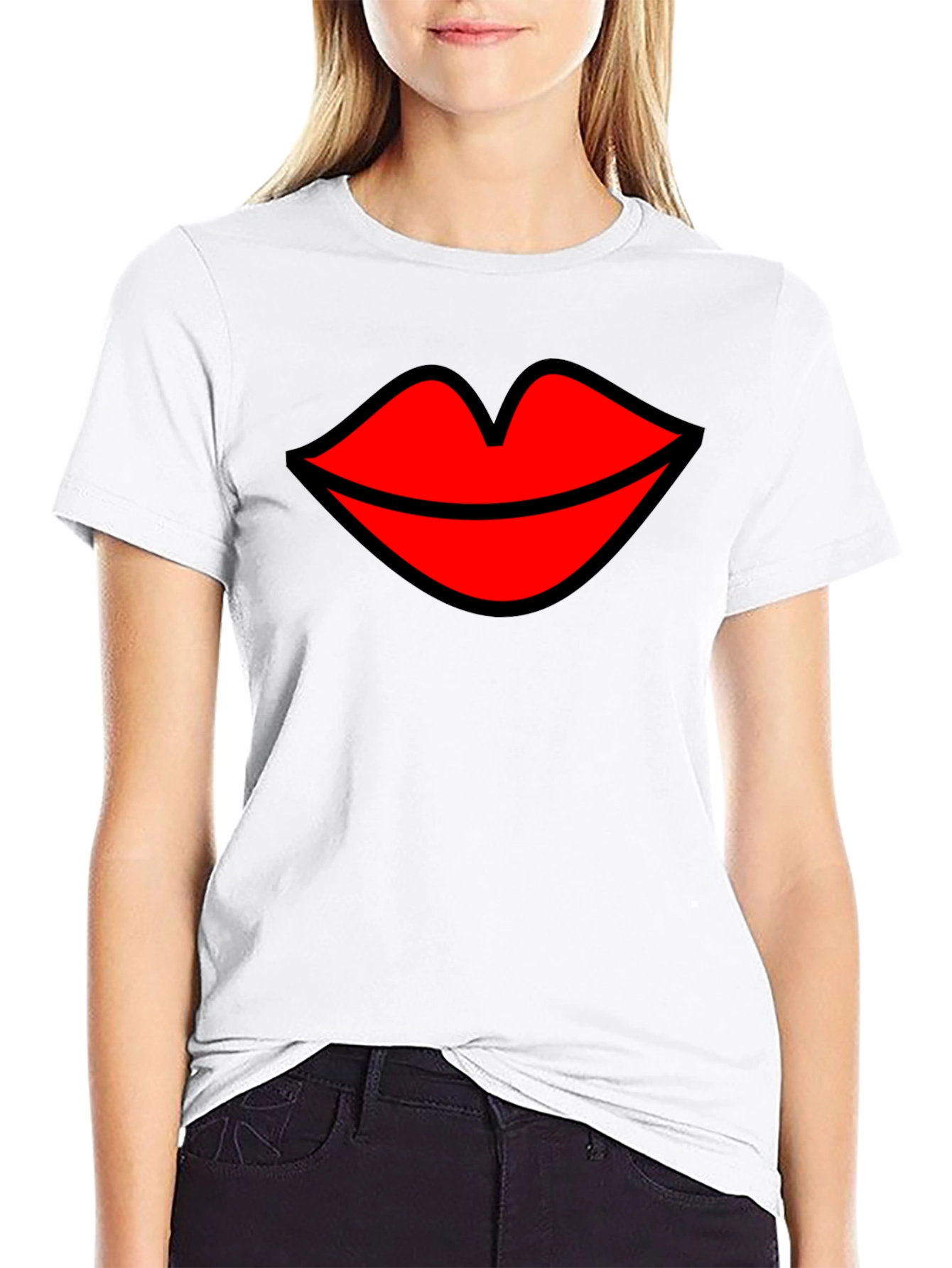 Kiss Lips Graphic Tee - Black Cotton Blend T-Shirt