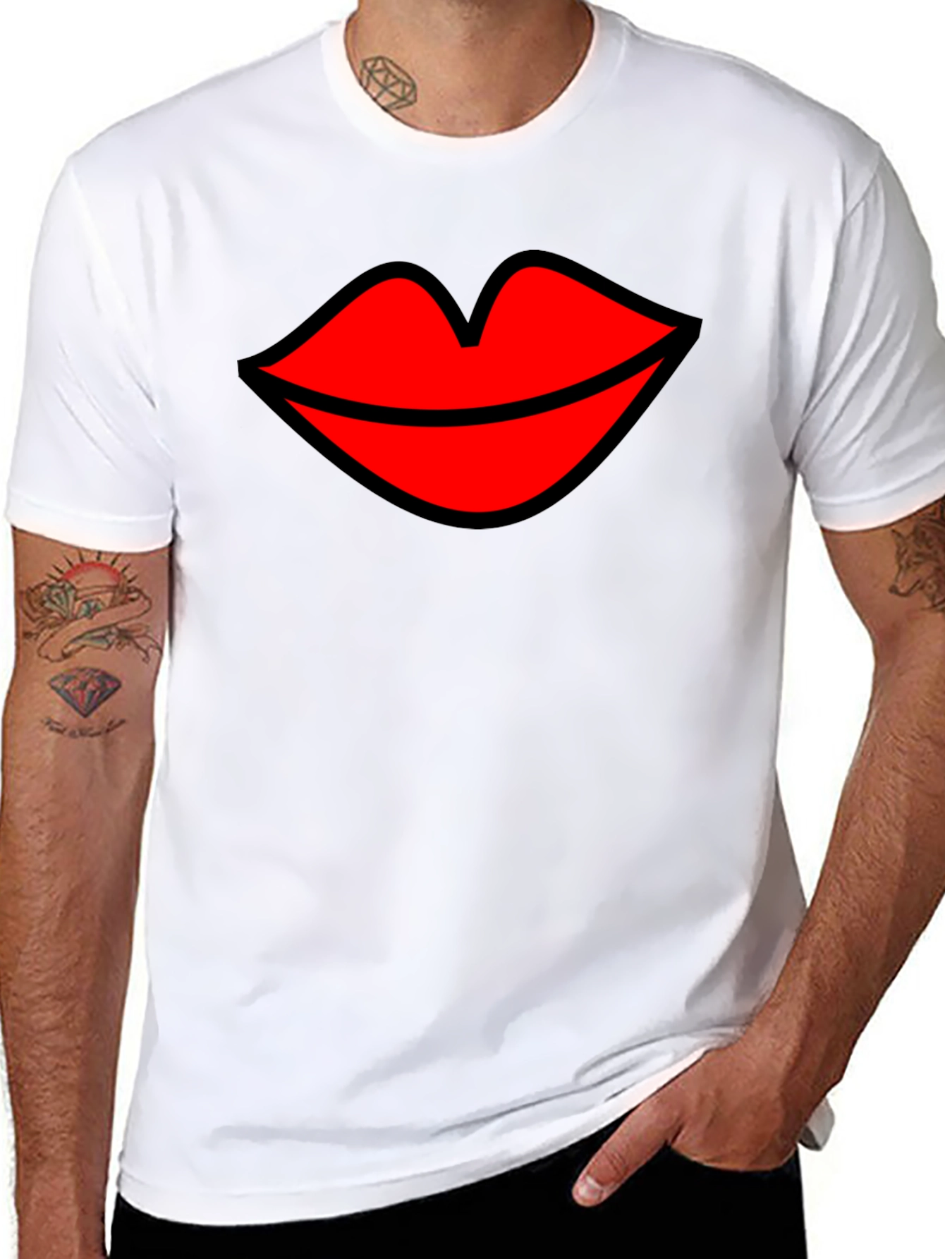 Kiss Lips Graphic Tee - Black Cotton Blend T-Shirt