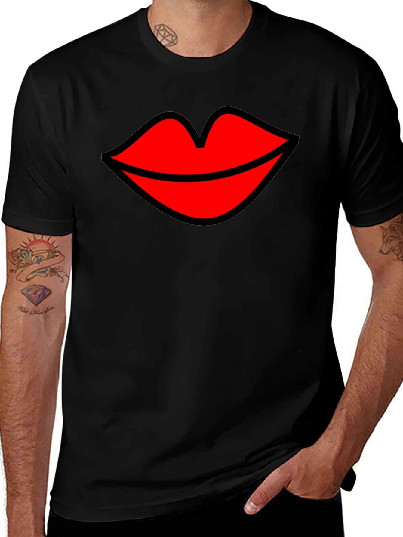 Kiss Lips Graphic Tee - Black Cotton Blend T-Shirt
