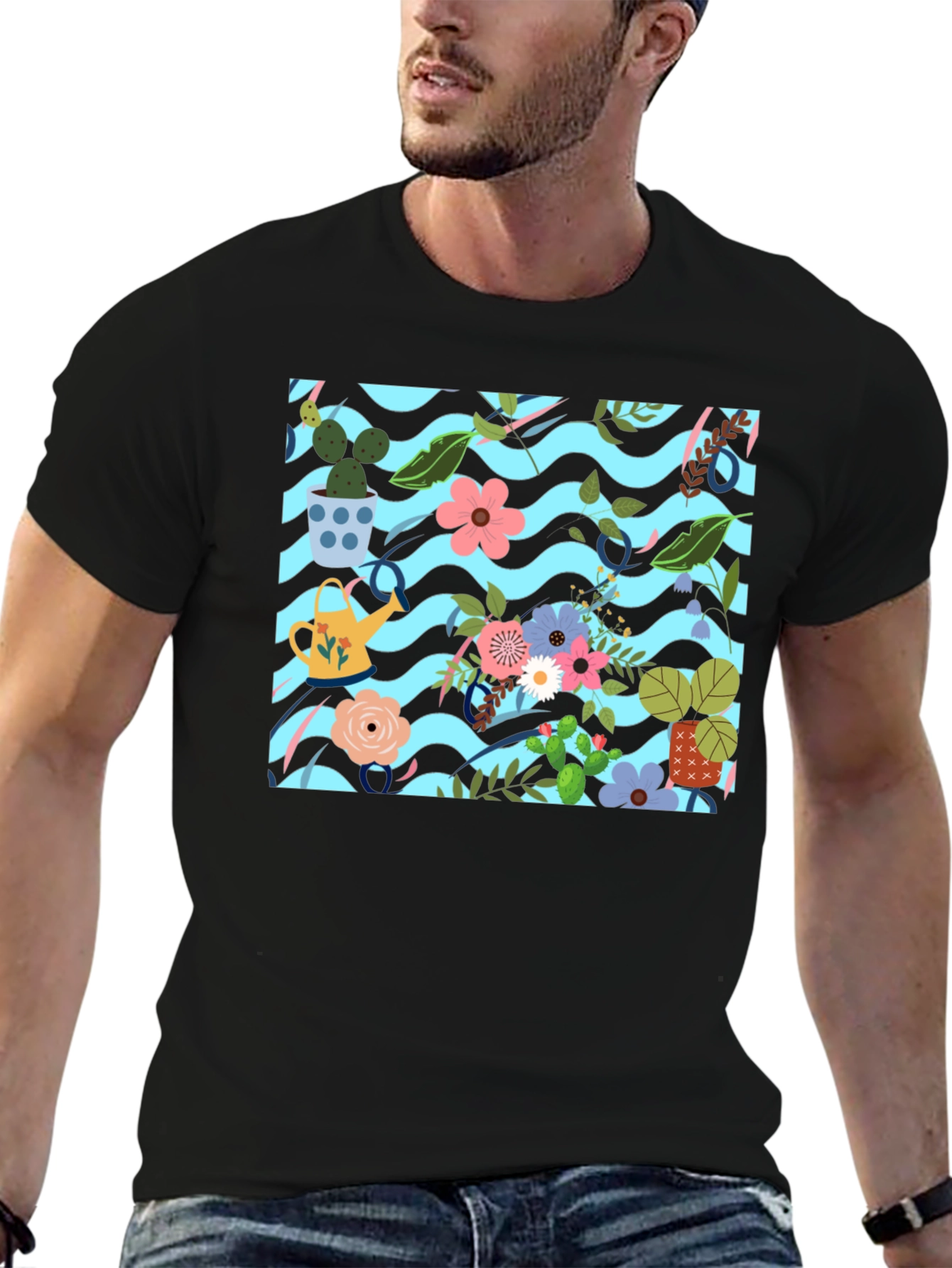 Floral Pattern Black T-Shirt