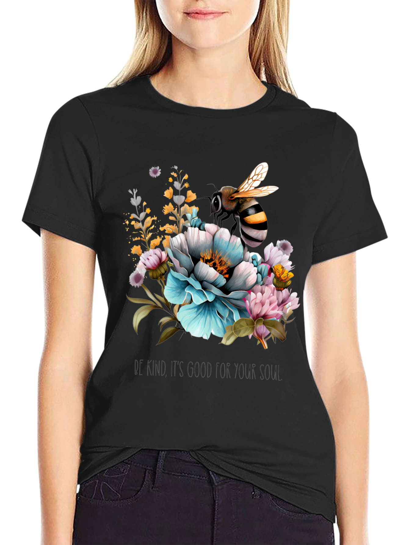 Floral Bee Graphic Tee - Black Cotton Blend