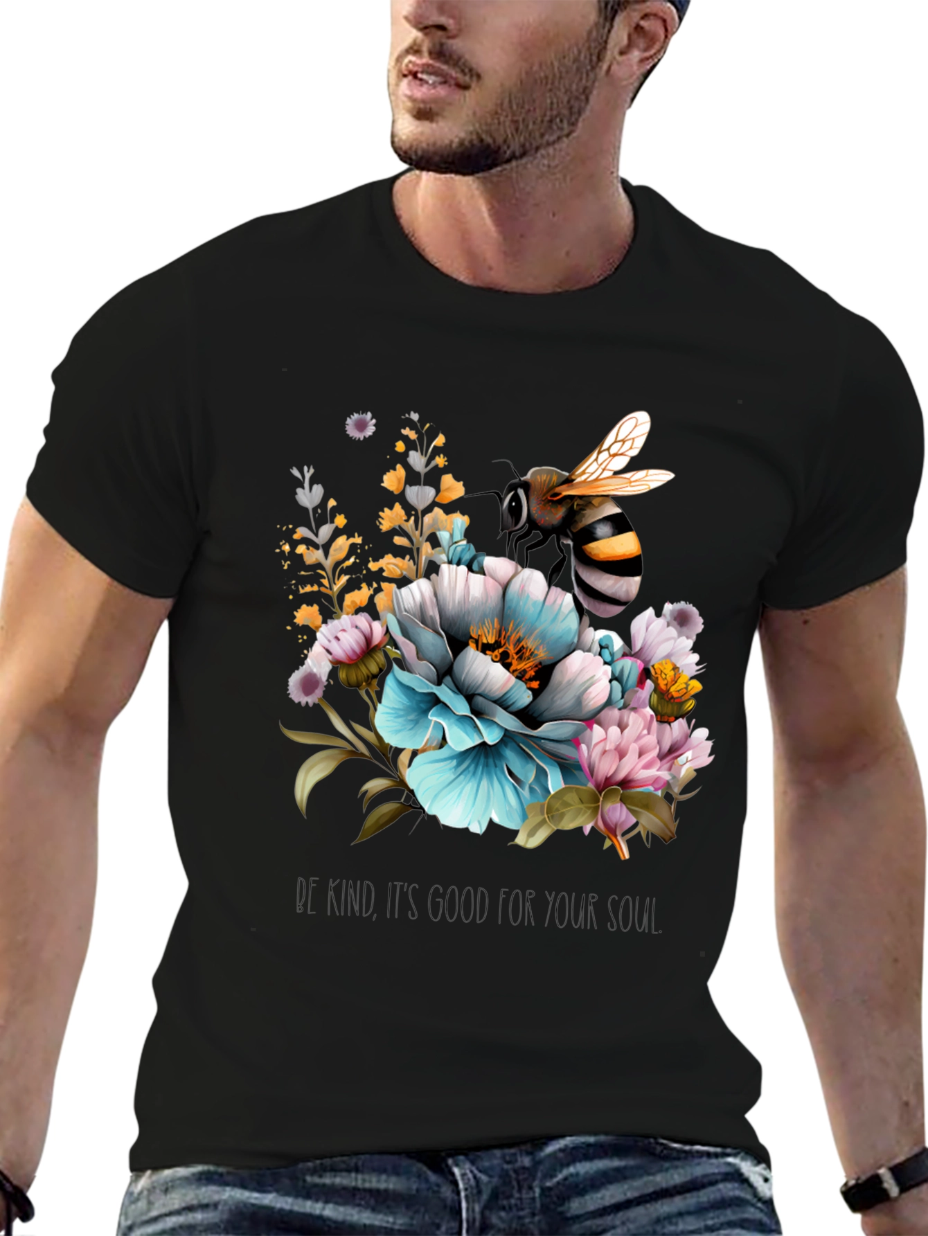 Floral Bee Graphic Tee - Black Cotton Blend