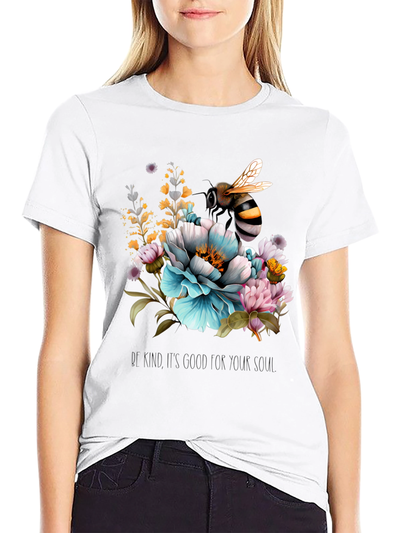Floral Bee Graphic Tee - Black Cotton Blend