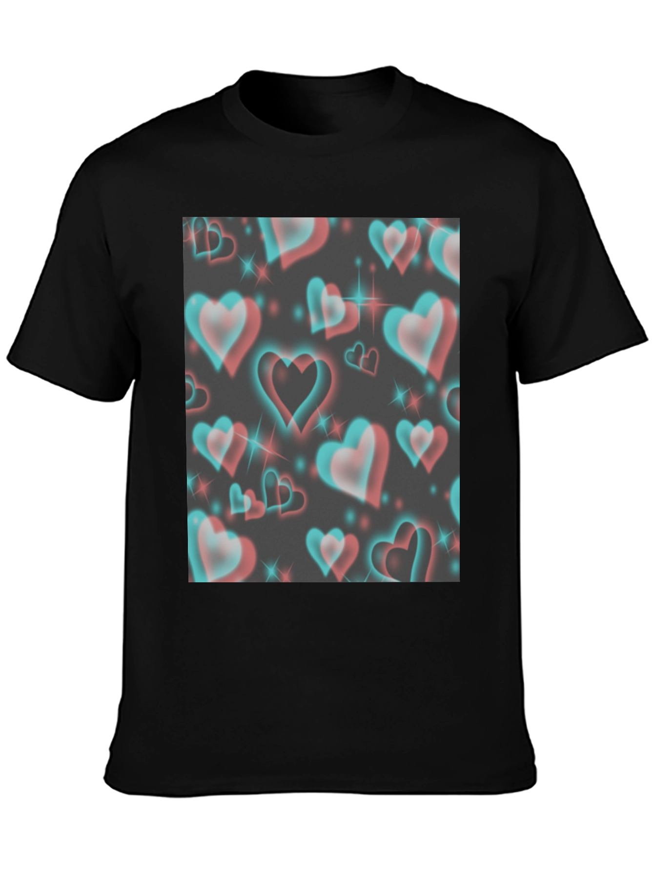 Retro 3D Hearts Pattern Black Tee