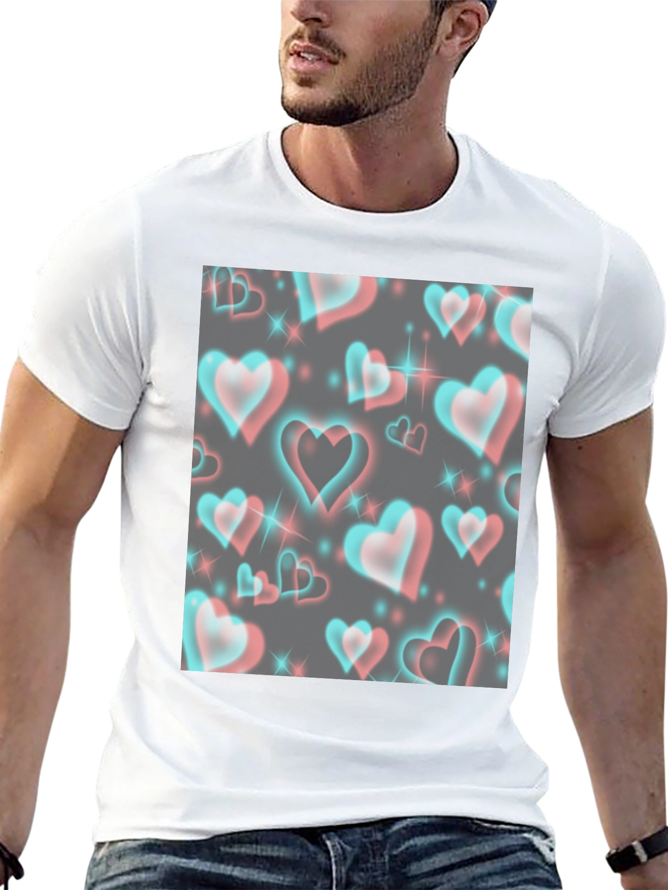 Retro 3D Hearts Pattern Black Tee