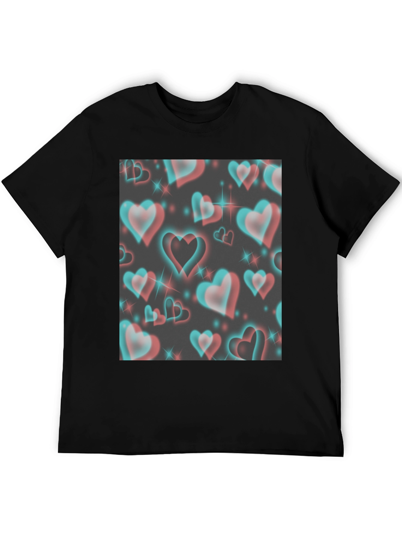 Retro 3D Hearts Pattern Black Tee
