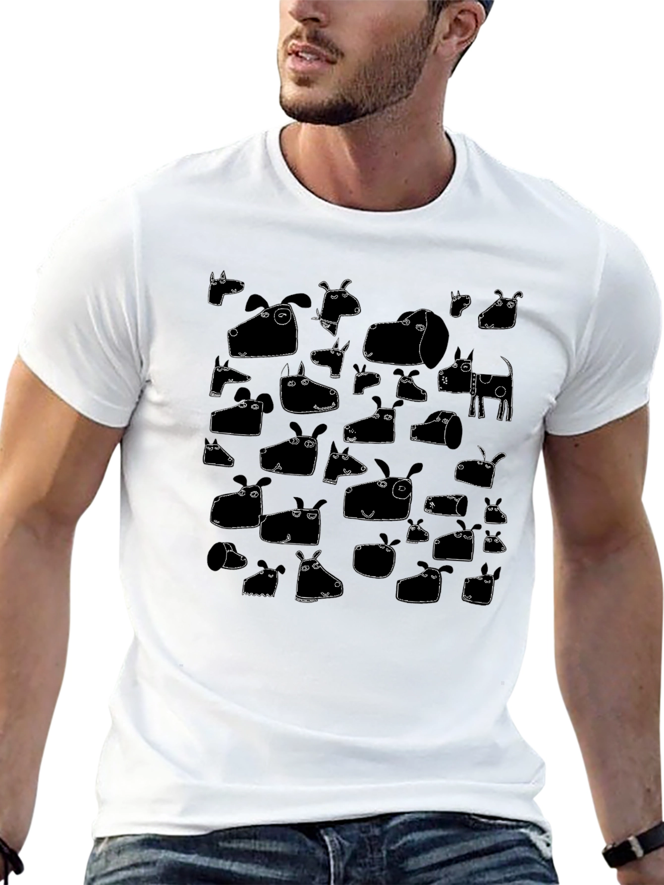 Funny Dog Face Pattern Tee - Black Cotton T-Shirt