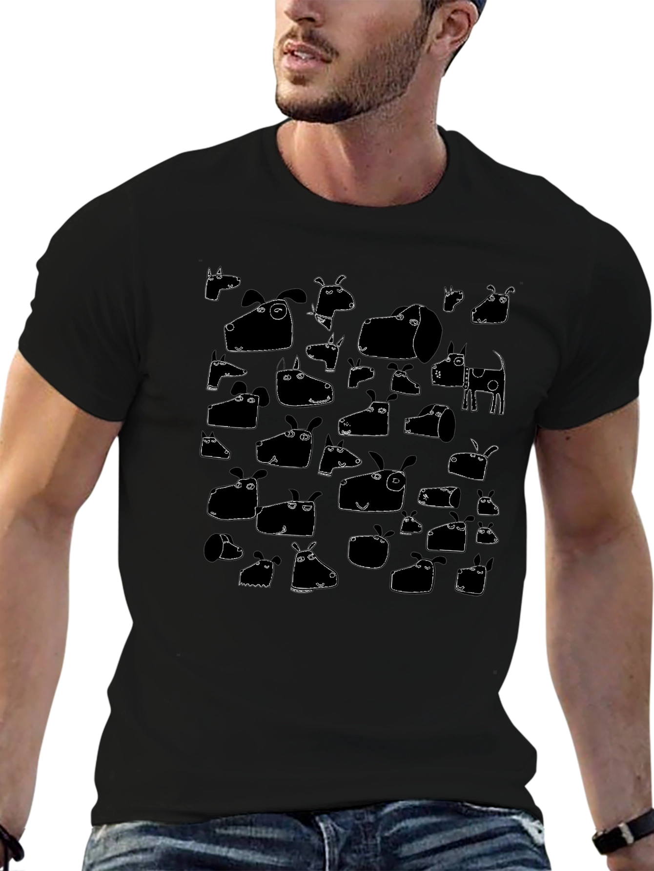 Funny Dog Face Pattern Tee - Black Cotton T-Shirt