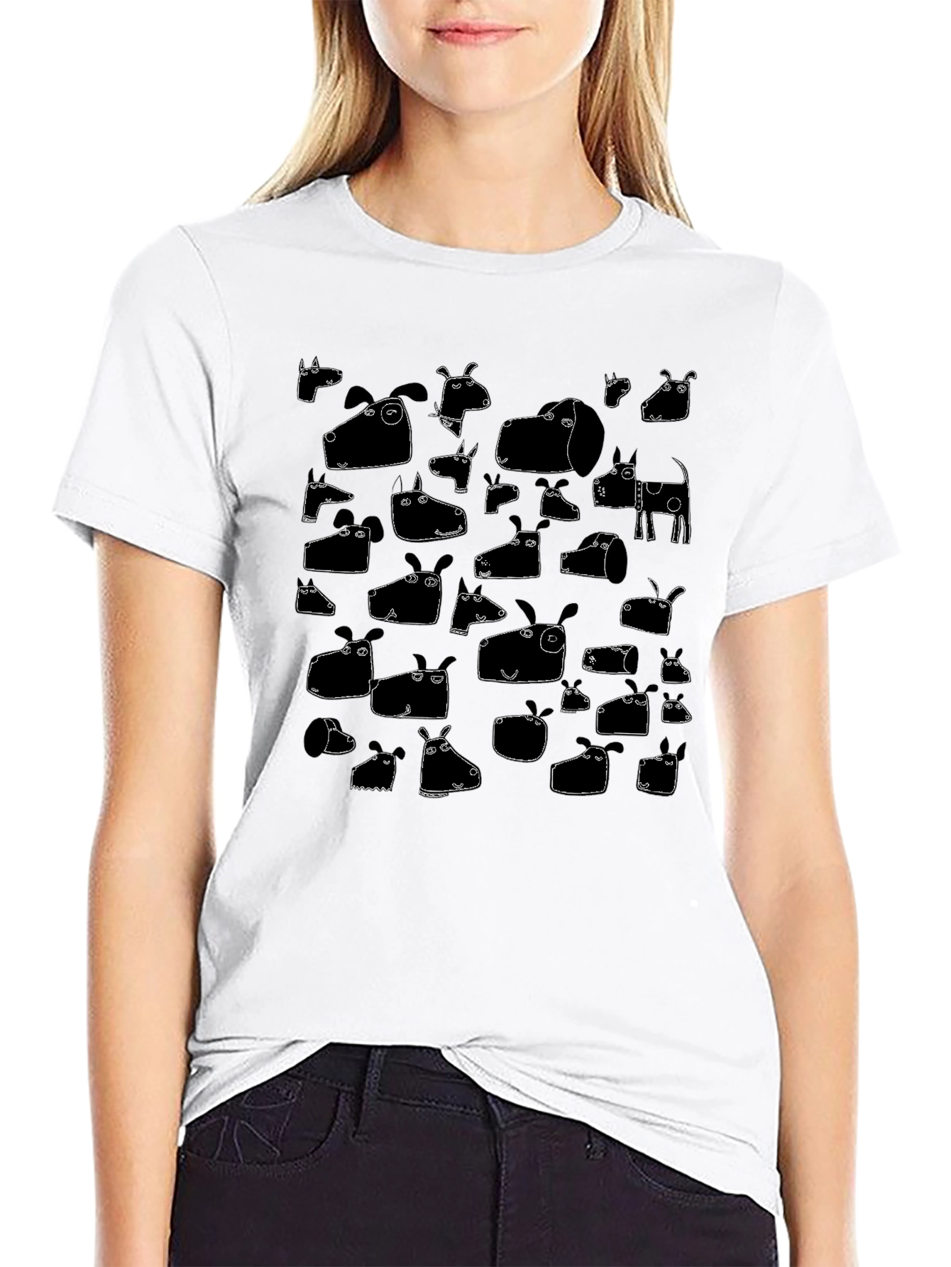Funny Dog Face Pattern Tee - Black Cotton T-Shirt