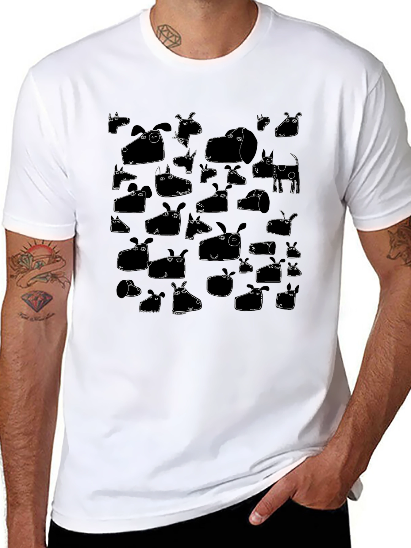 Funny Dog Face Pattern Tee - Black Cotton T-Shirt