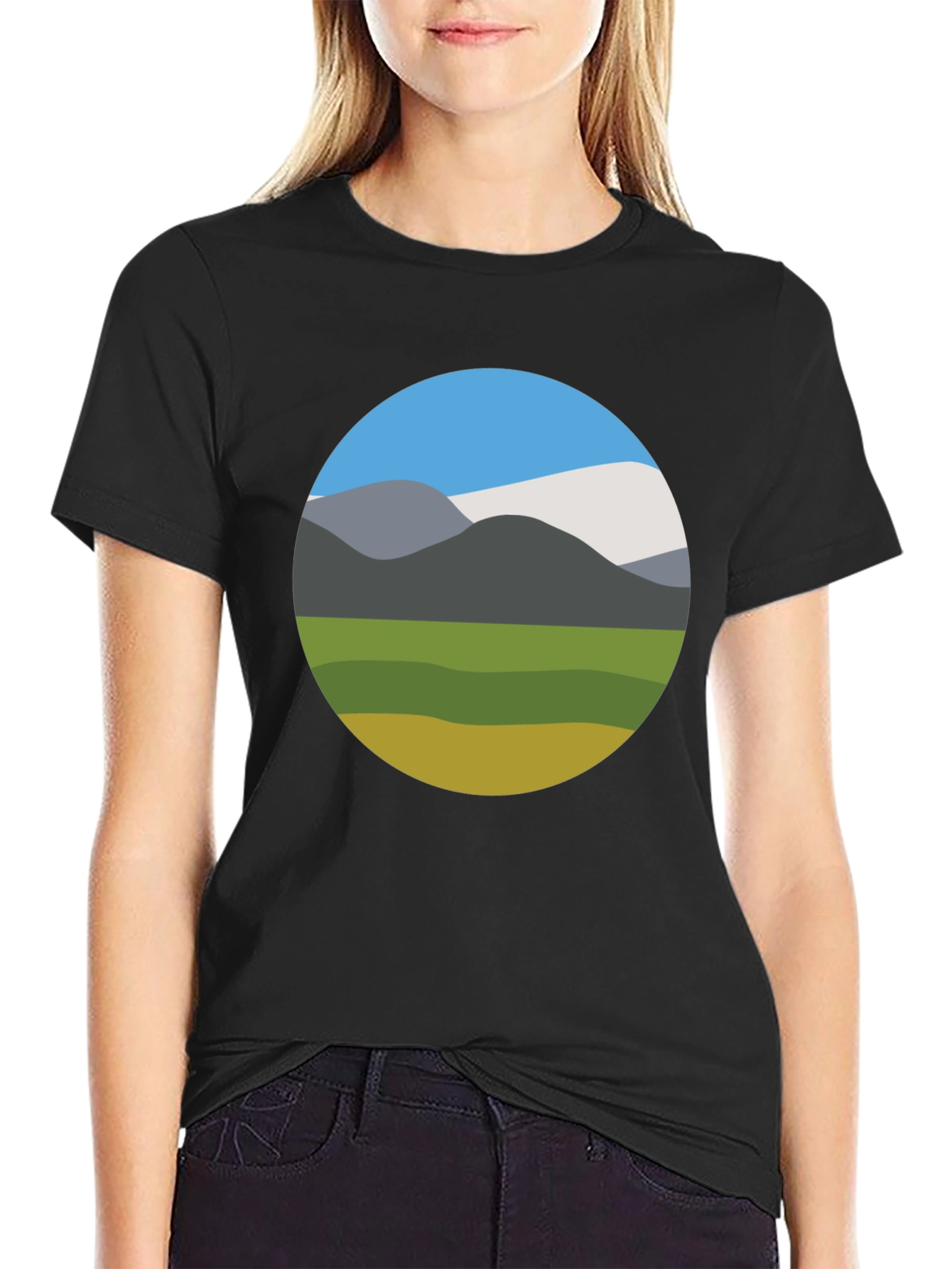 Nature Scene Graphic Tee - Black Crew Neck T-Shirt