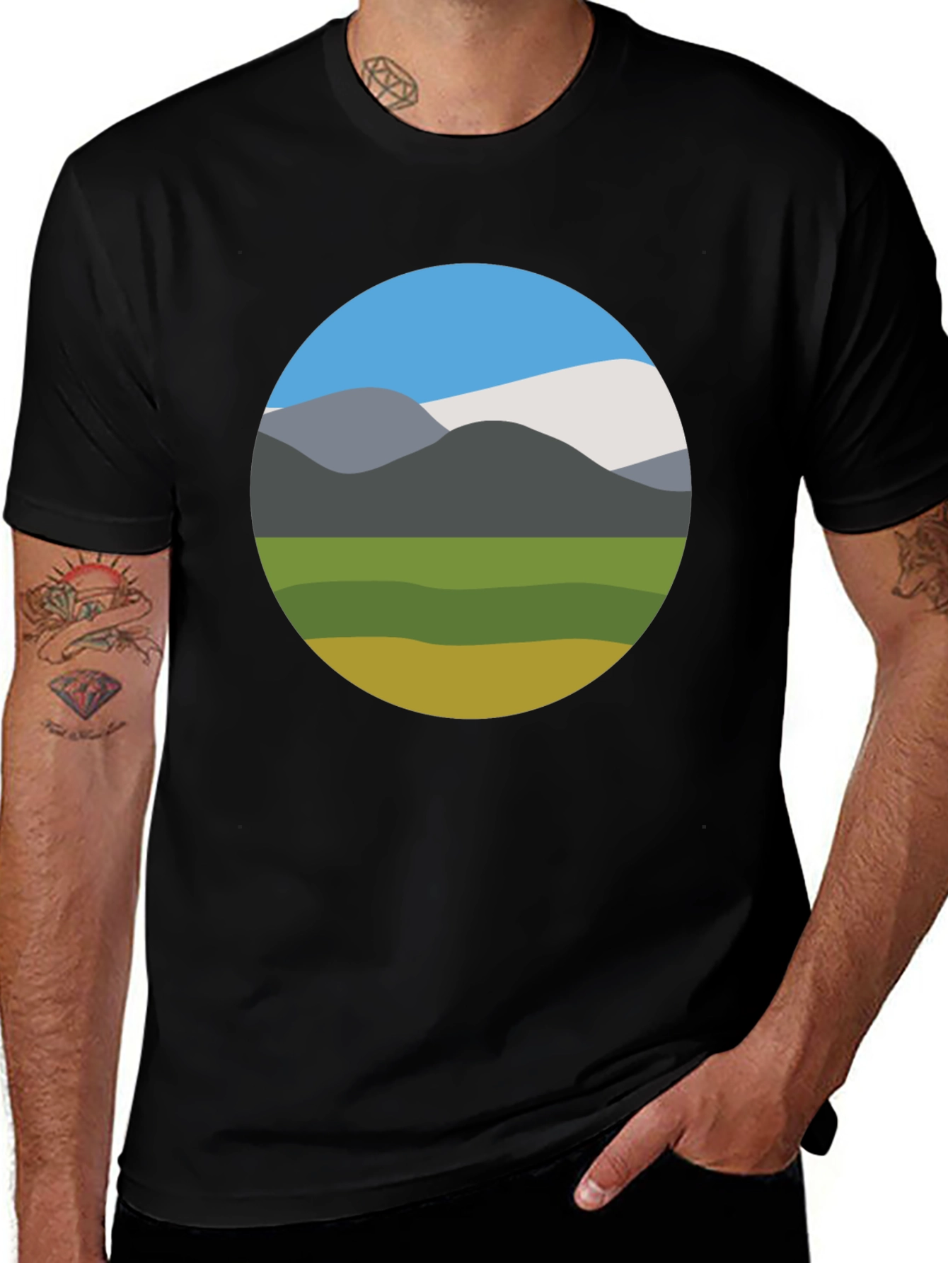 Nature Scene Graphic Tee - Black Crew Neck T-Shirt