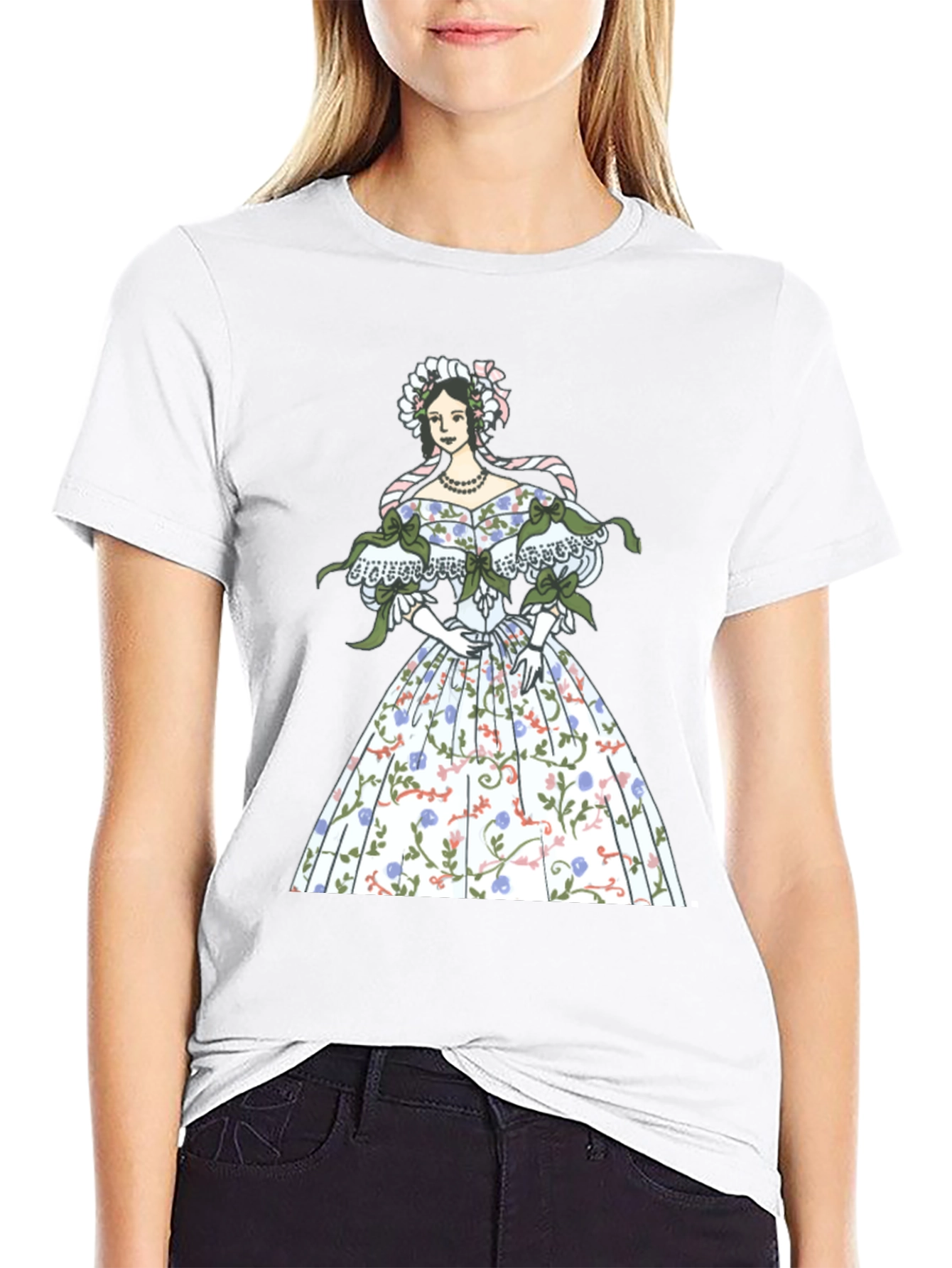 Elegant Floral Dress Graphic Tee - Black