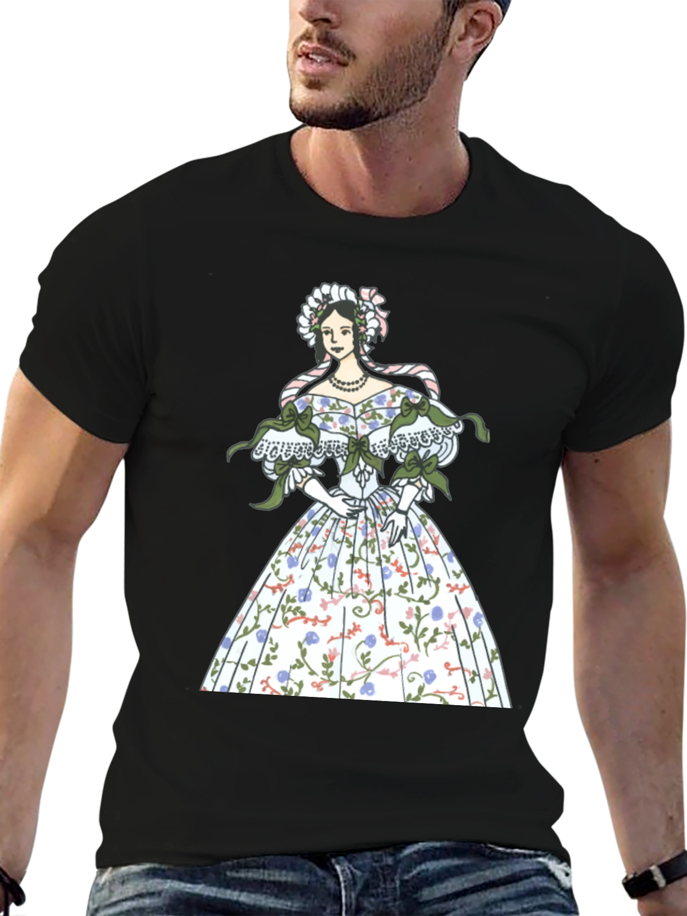 Elegant Floral Dress Graphic Tee - Black