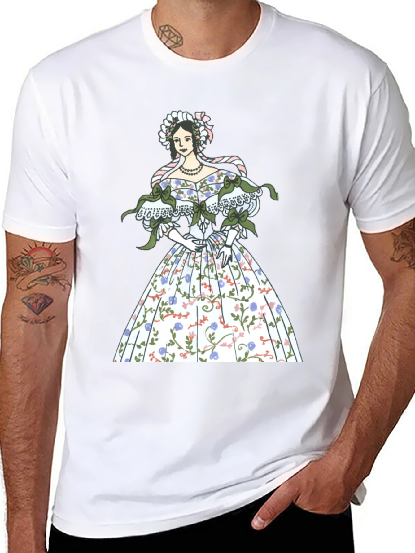 Elegant Floral Dress Graphic Tee - Black