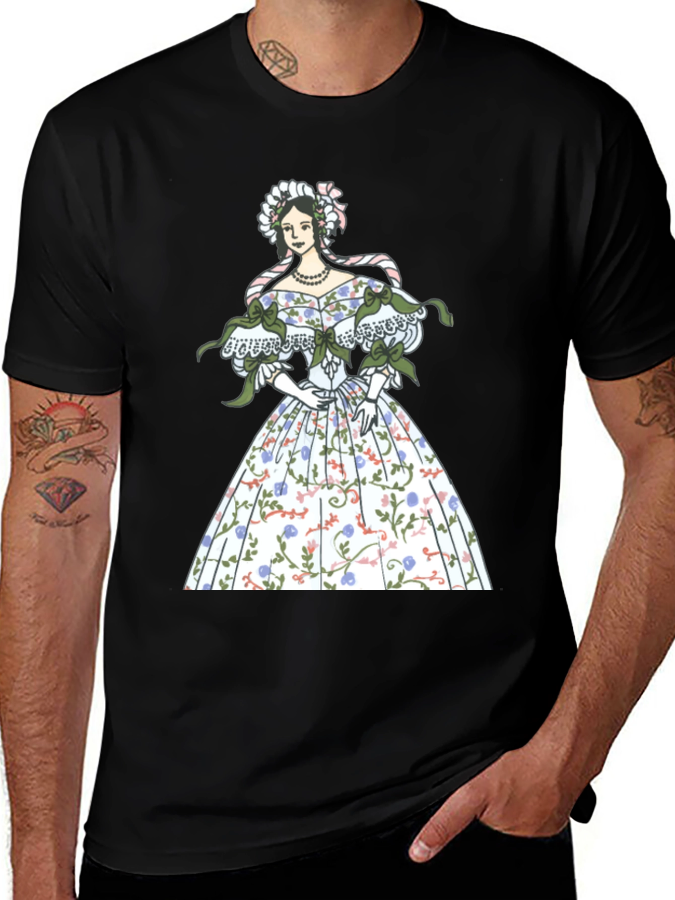 Elegant Floral Dress Graphic Tee - Black