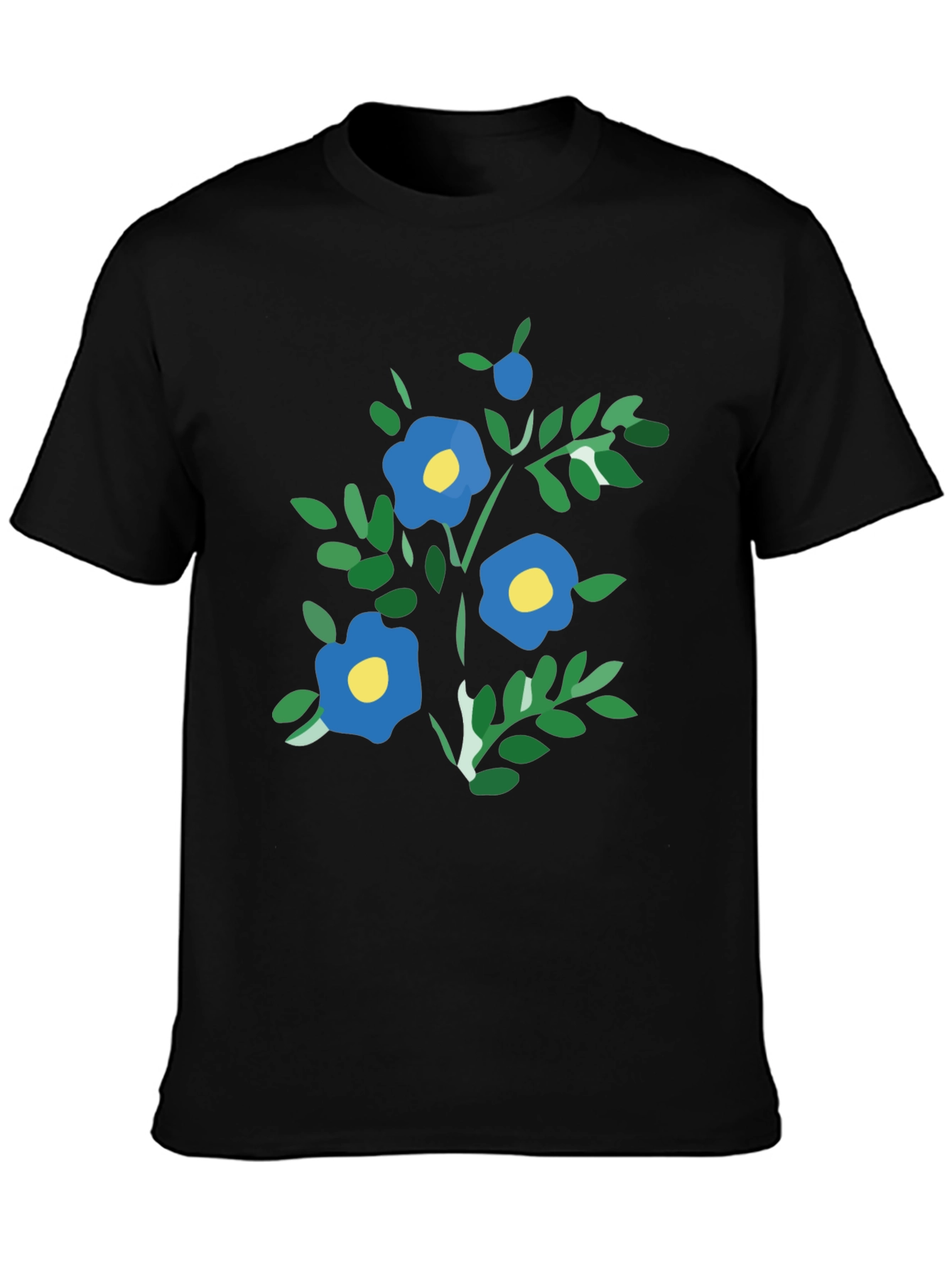 Black T-Shirt with Blue Floral Print