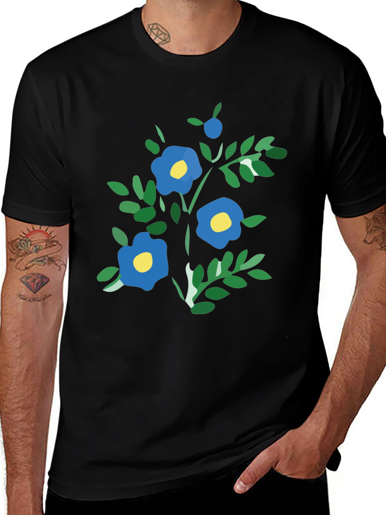 Black T-Shirt with Blue Floral Print
