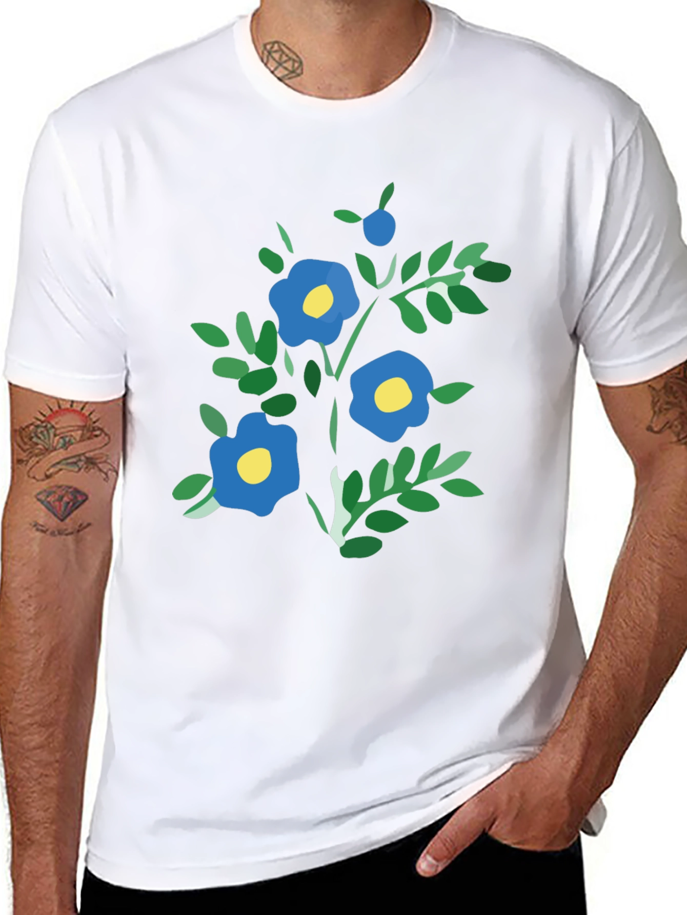 Black T-Shirt with Blue Floral Print