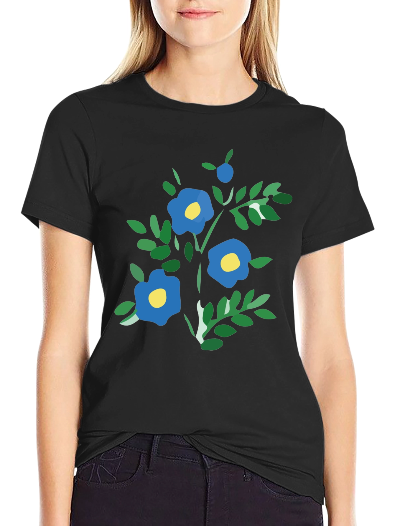 Black T-Shirt with Blue Floral Print