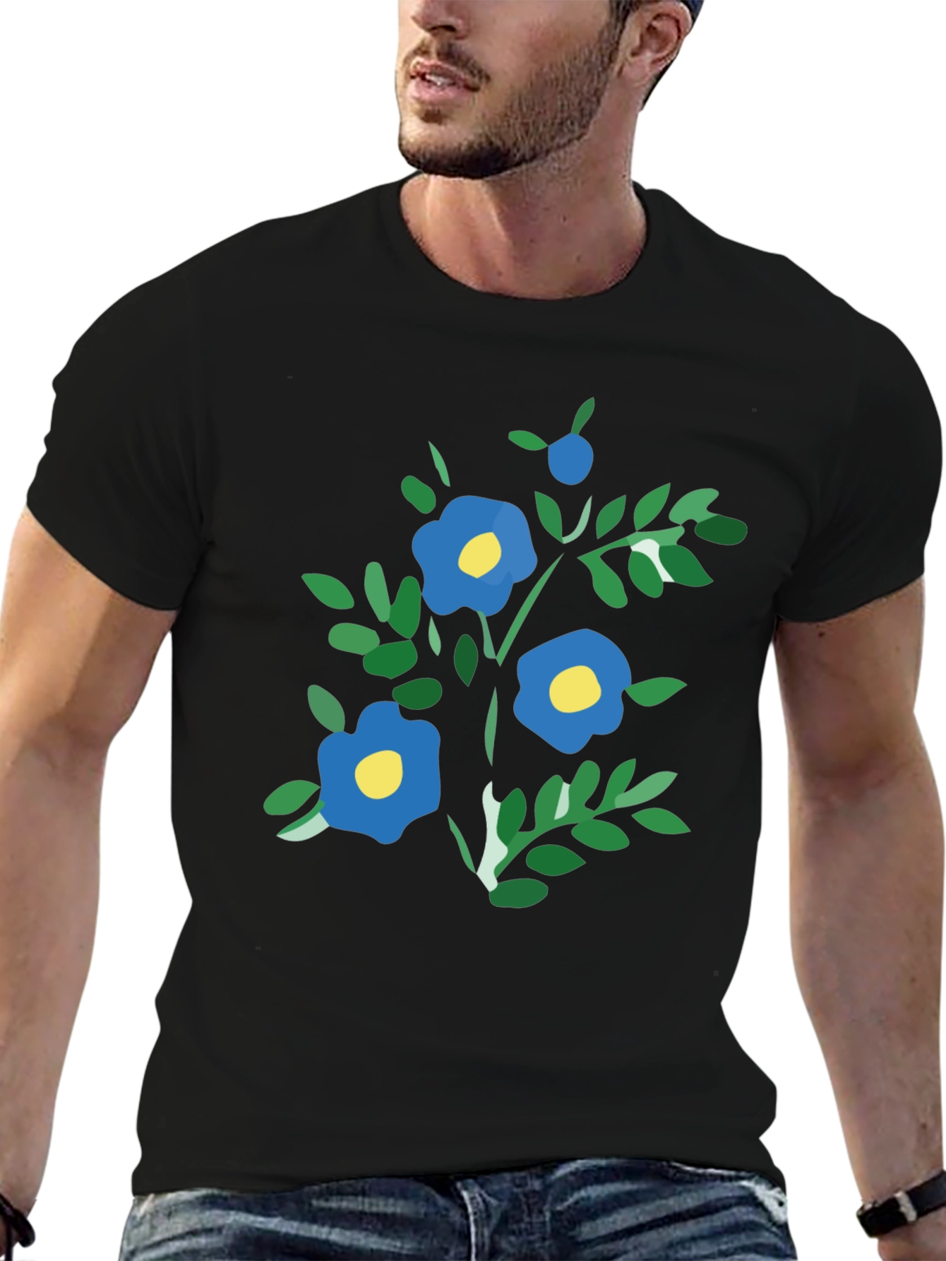 Black T-Shirt with Blue Floral Print