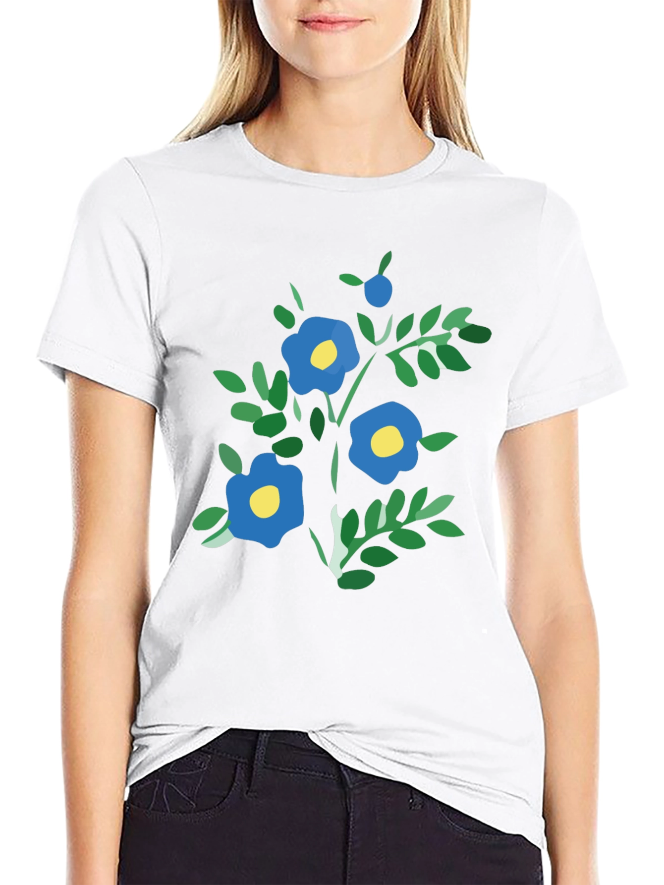 Black T-Shirt with Blue Floral Print