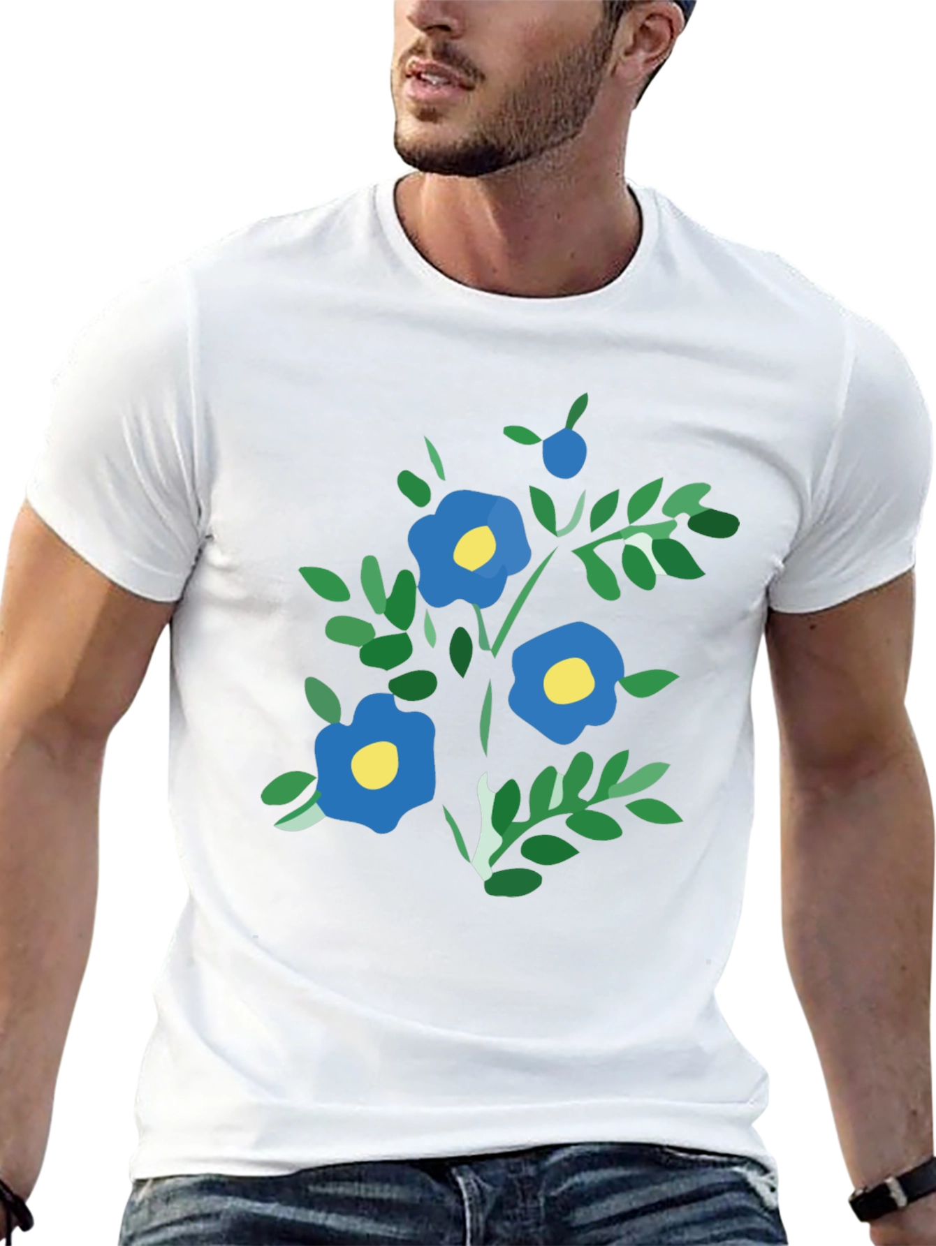 Black T-Shirt with Blue Floral Print