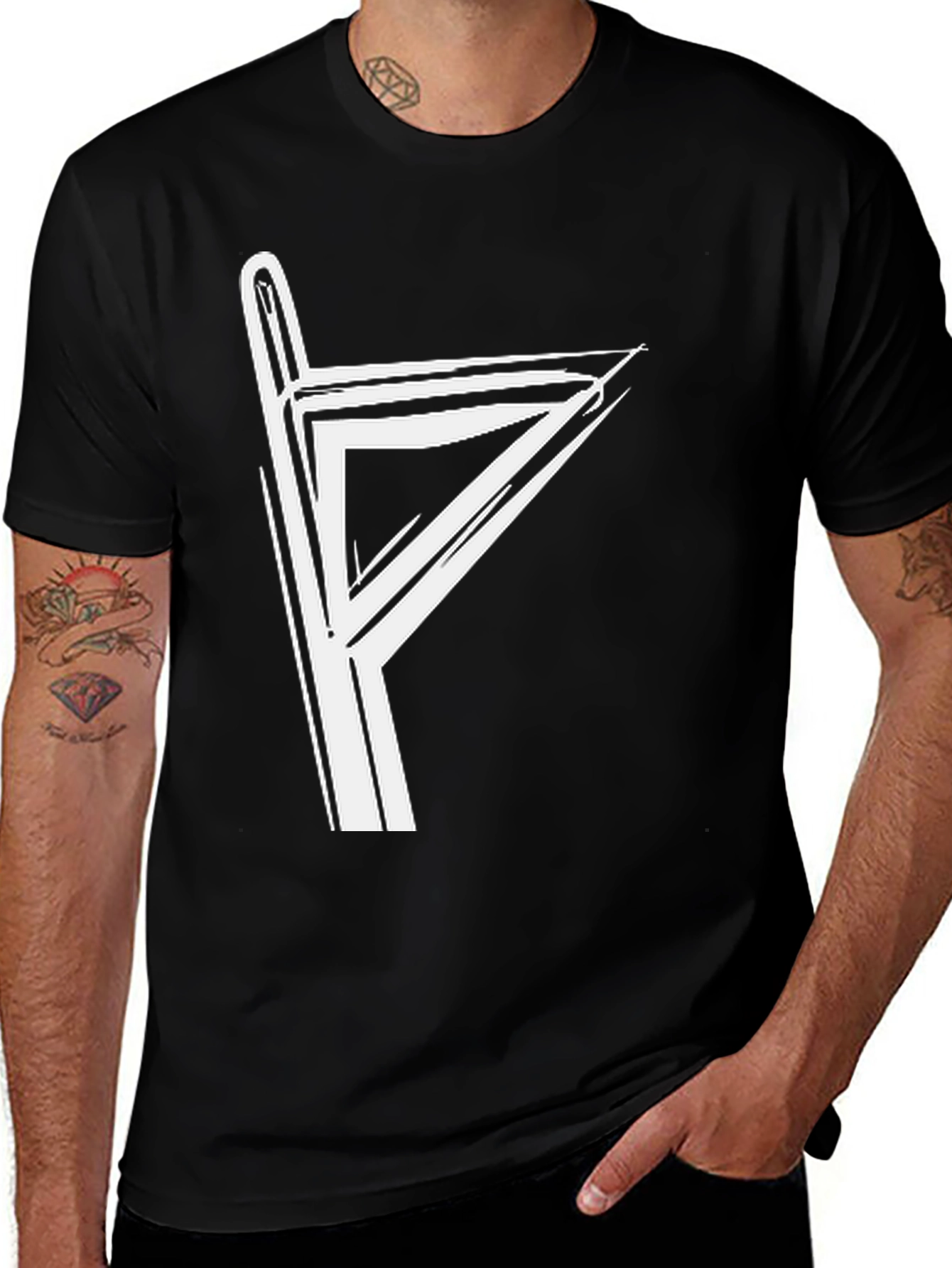Graphic Tee with White Rune Design - Black