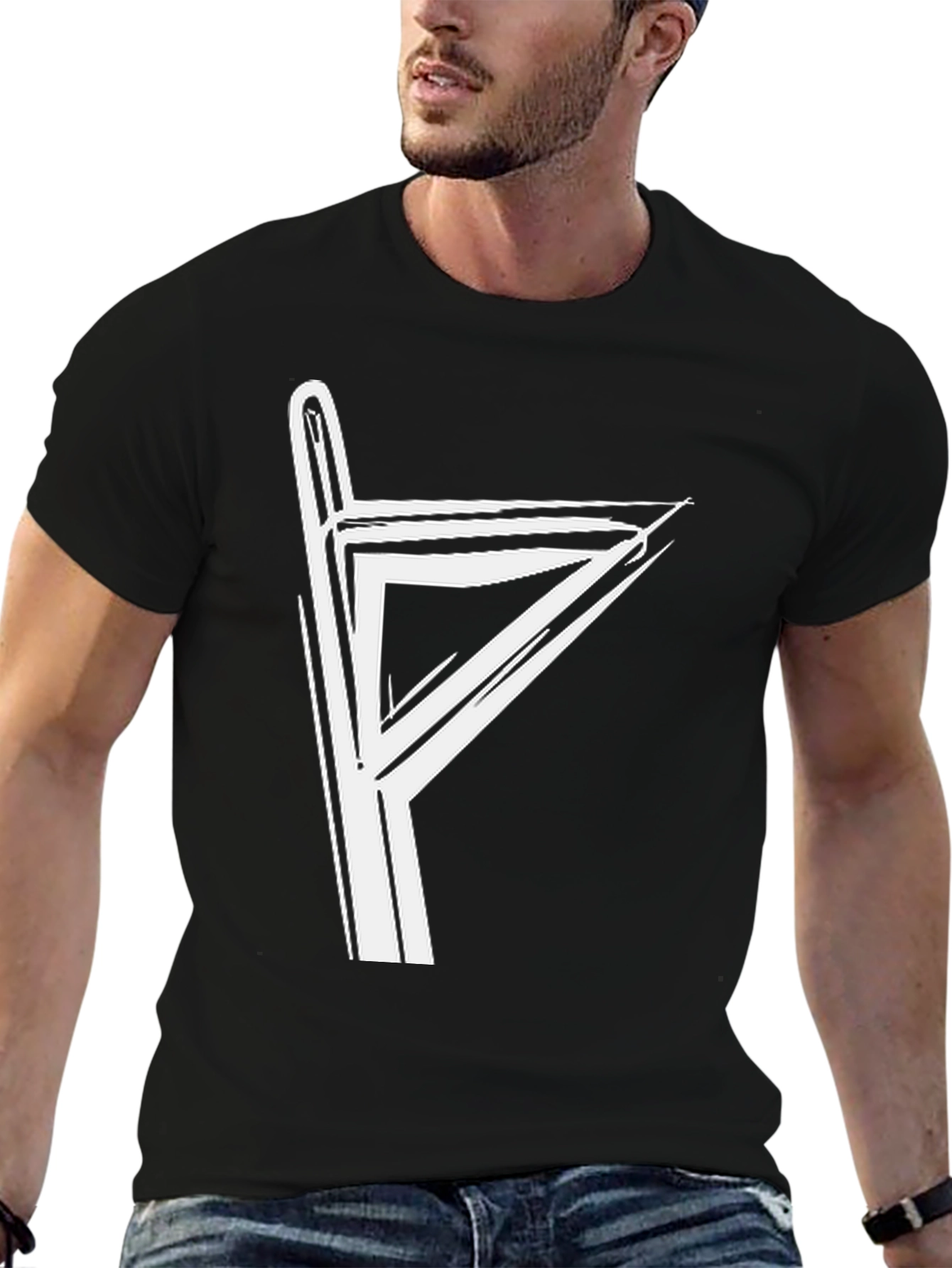 Graphic Tee with White Rune Design - Black