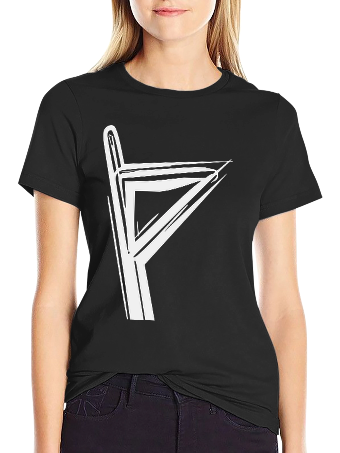 Graphic Tee with White Rune Design - Black