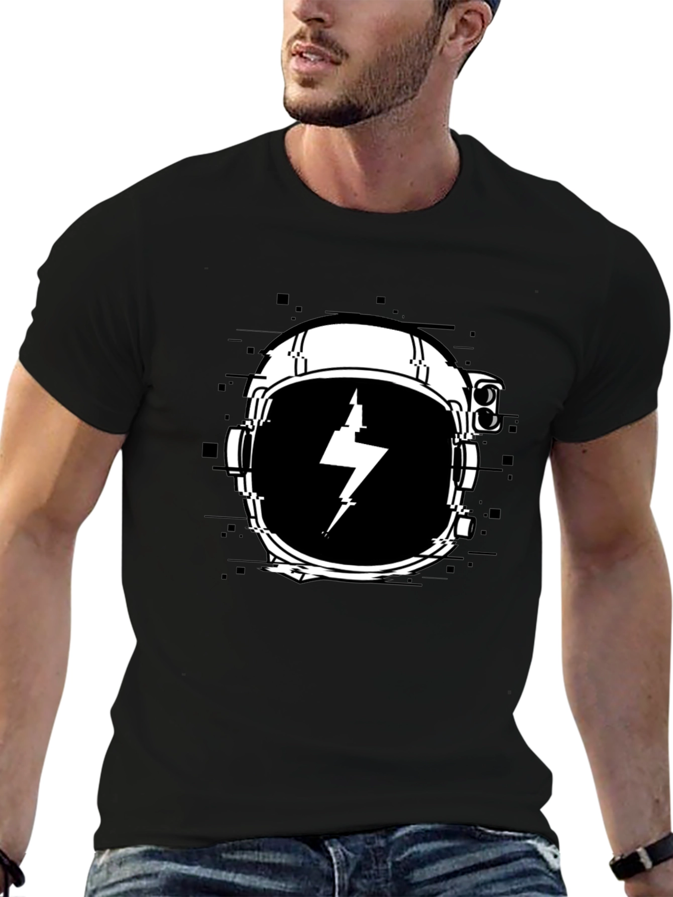 Astronaut Helmet Lightning Bolt Black T-Shirt