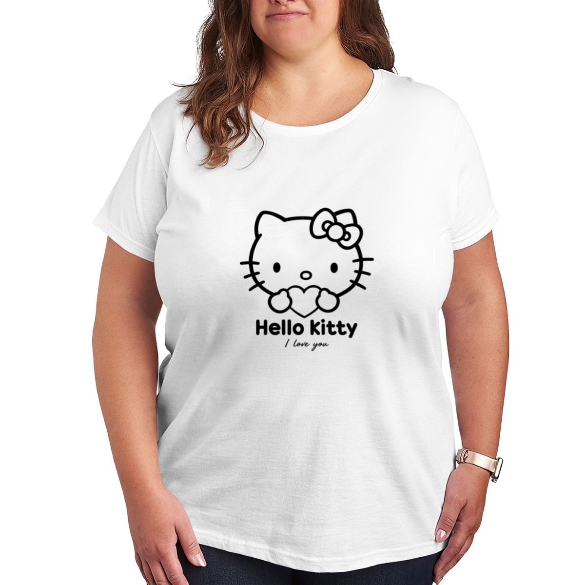 Minimal Line?Drawing Hello Kitty Love Heart Plus Size Ladies T?Shirt